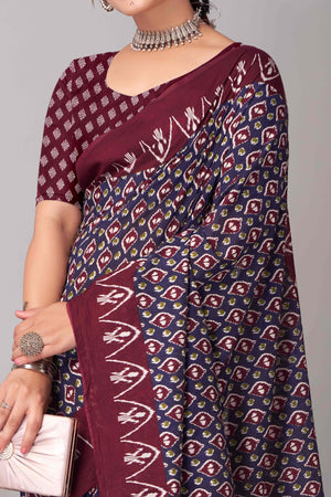 Blue & Maroon Ajrakh Printed Cotton Blend Saree