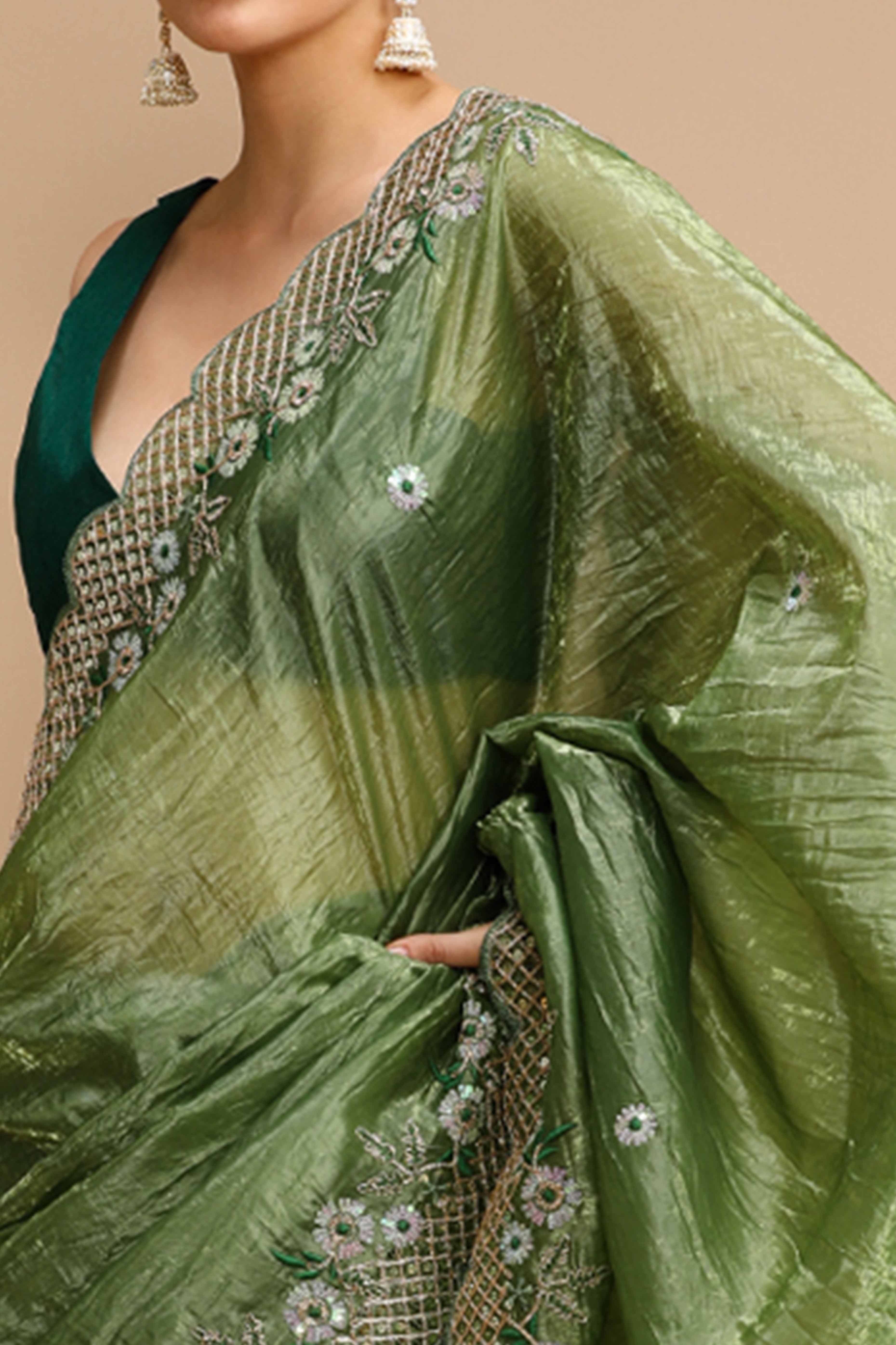 Forest Green Floral Design Art Silk Saree with Glittering Sequins Embroidery