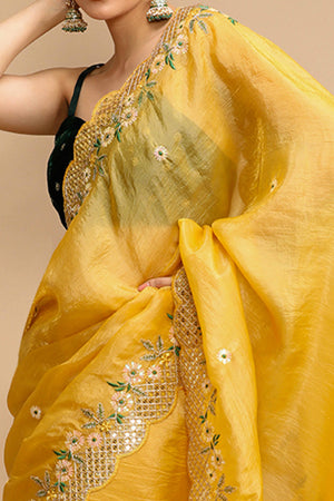 Mustard Floral Design Art Silk Saree with Glittering Sequins Embroidery