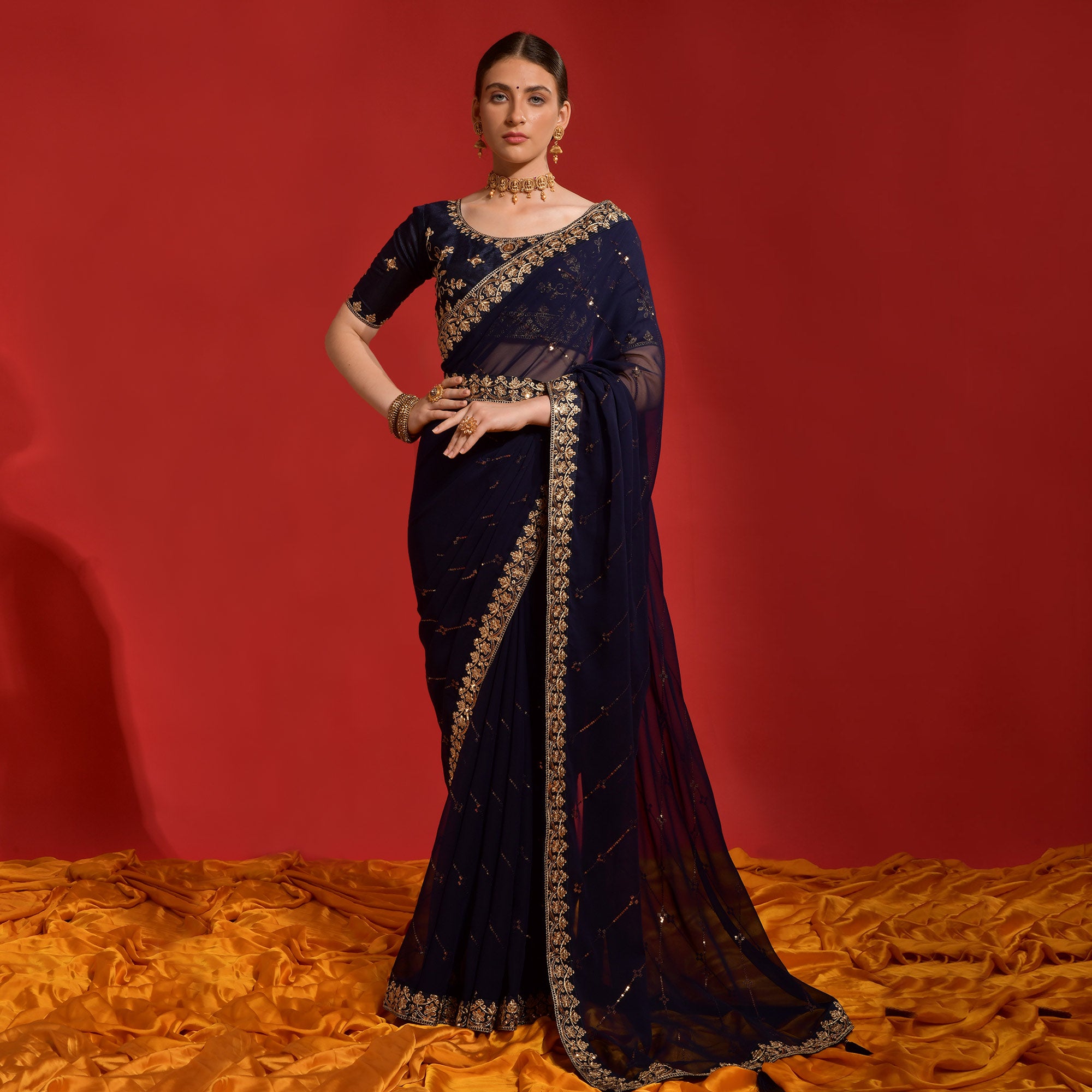 Navy Blue Sequins Embroidered Georgette Saree