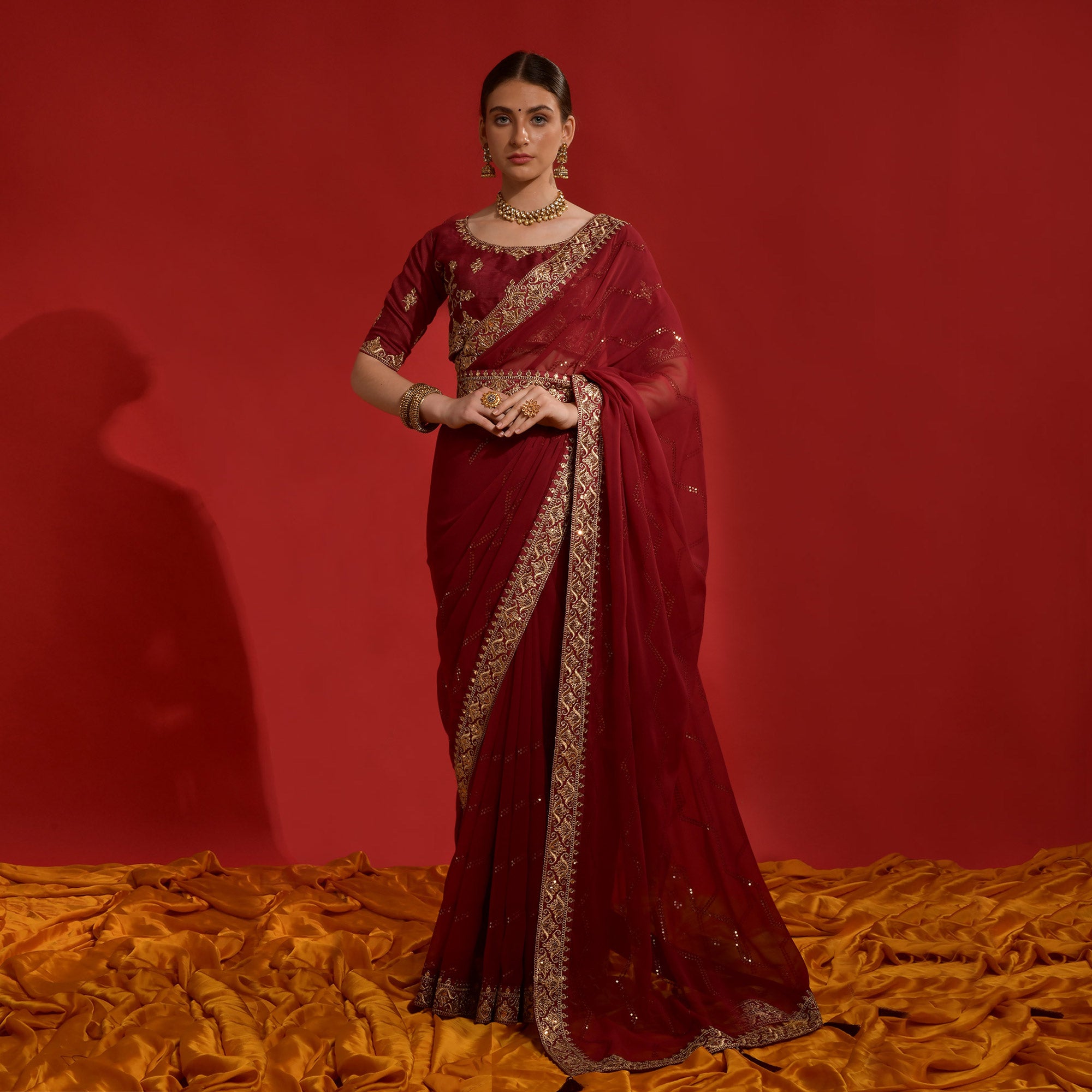 Maroon Sequins Embroidered Georgette Saree