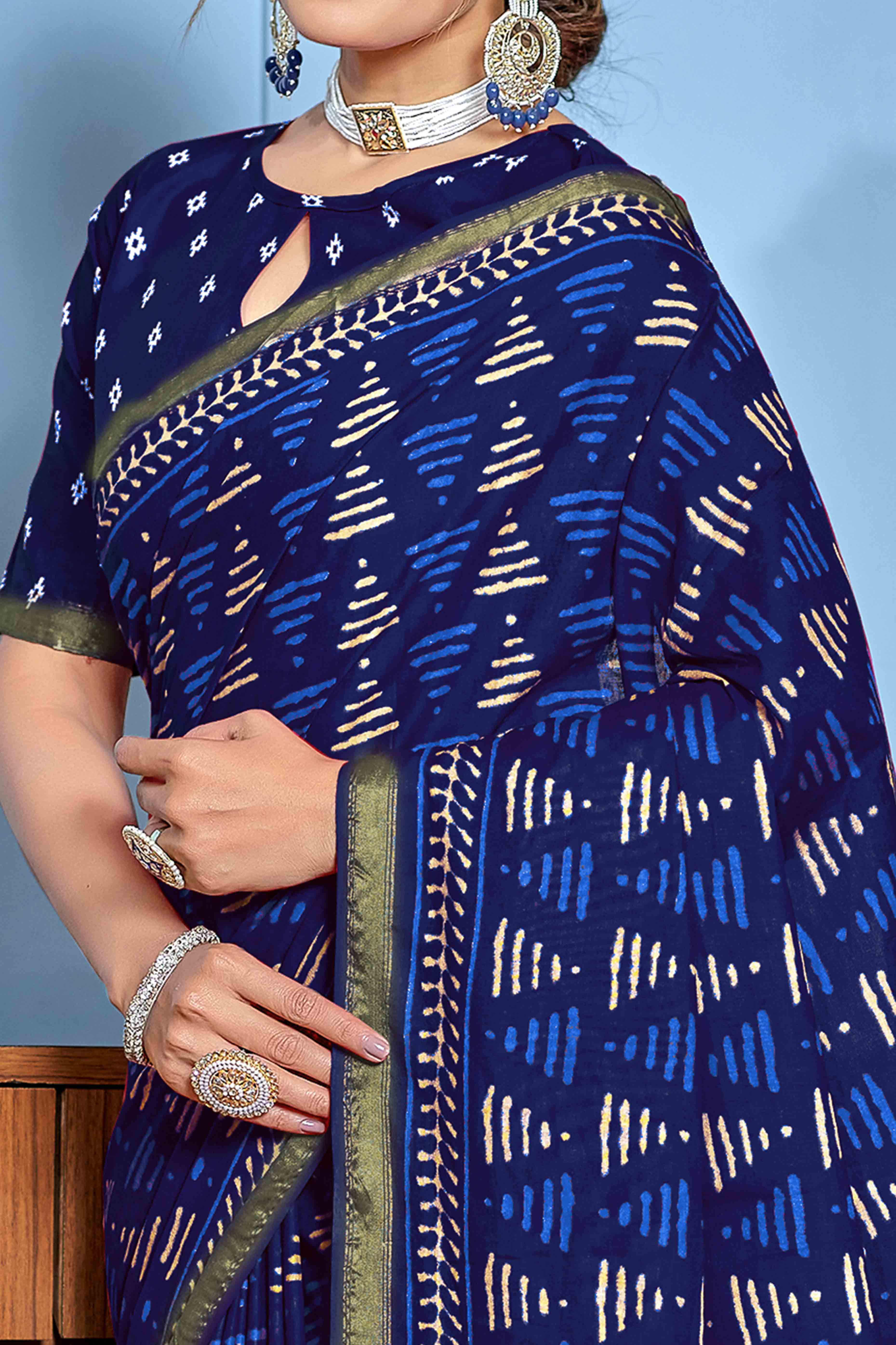 Navy Blue Pure Mulmul Saree with Modern Geometric Design
