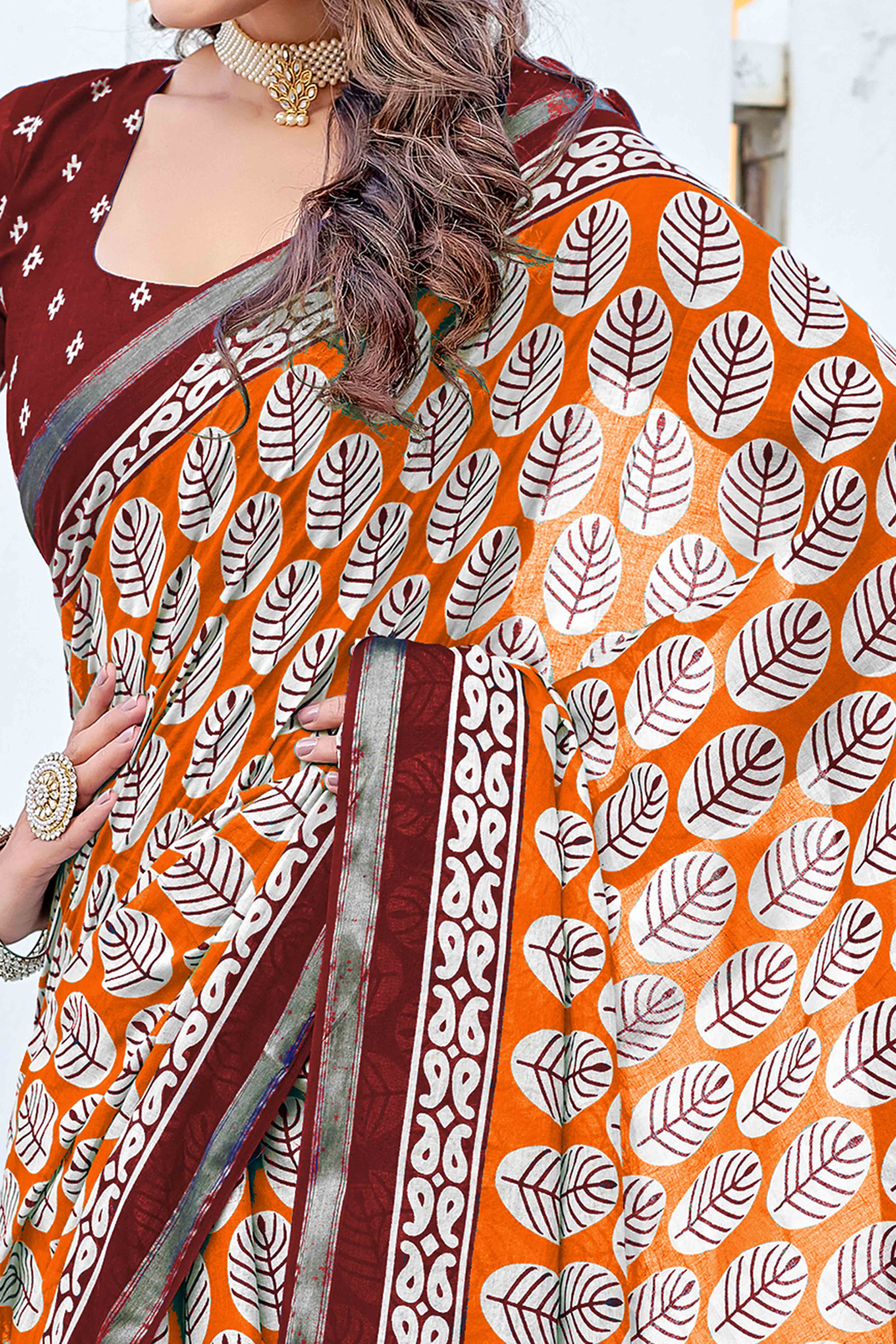 Vibrant Orange Floral Print In Mulmul Cotton Saree