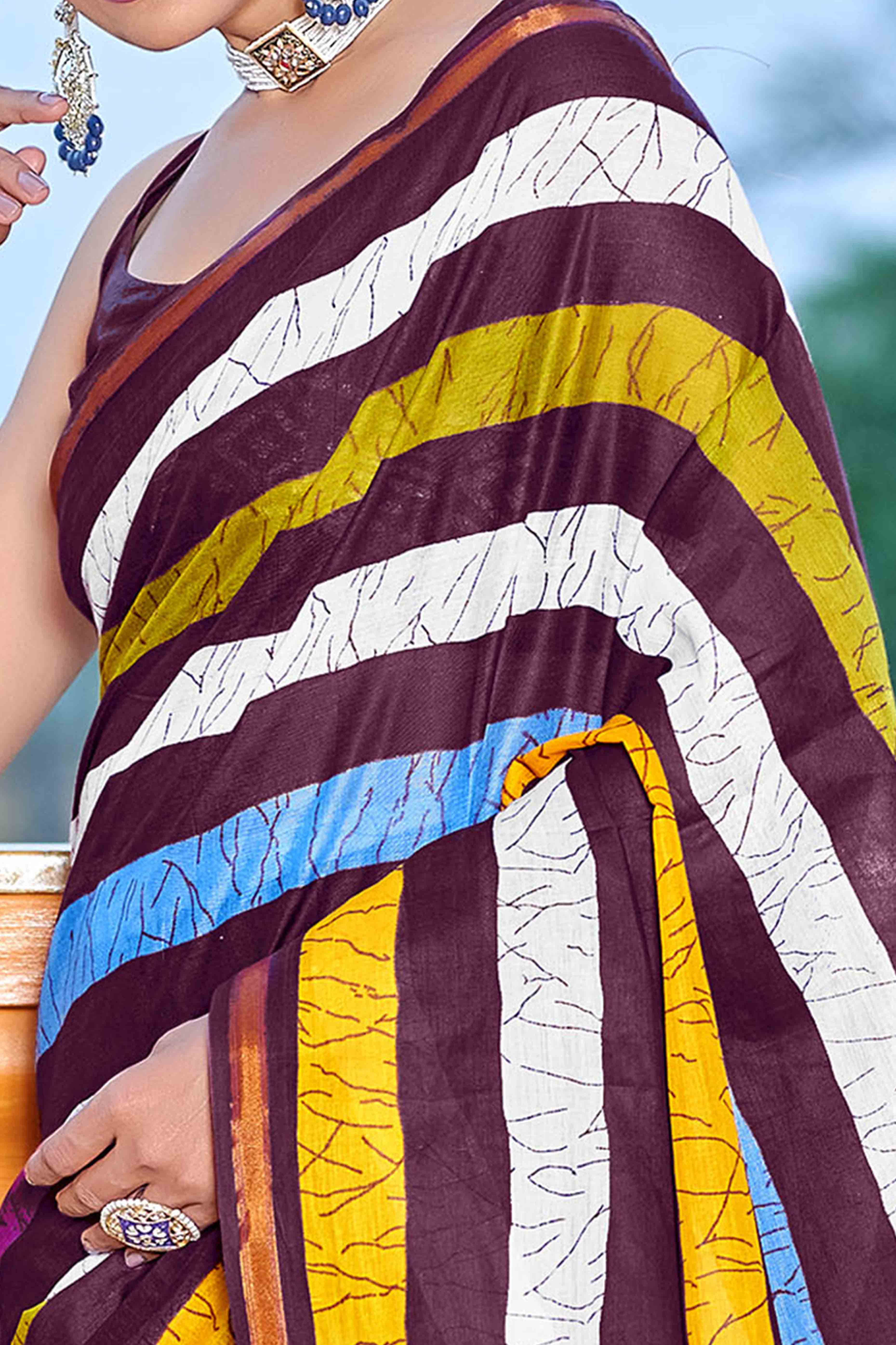 Wine Striped Printed Pure Mulmul Cotton Saree