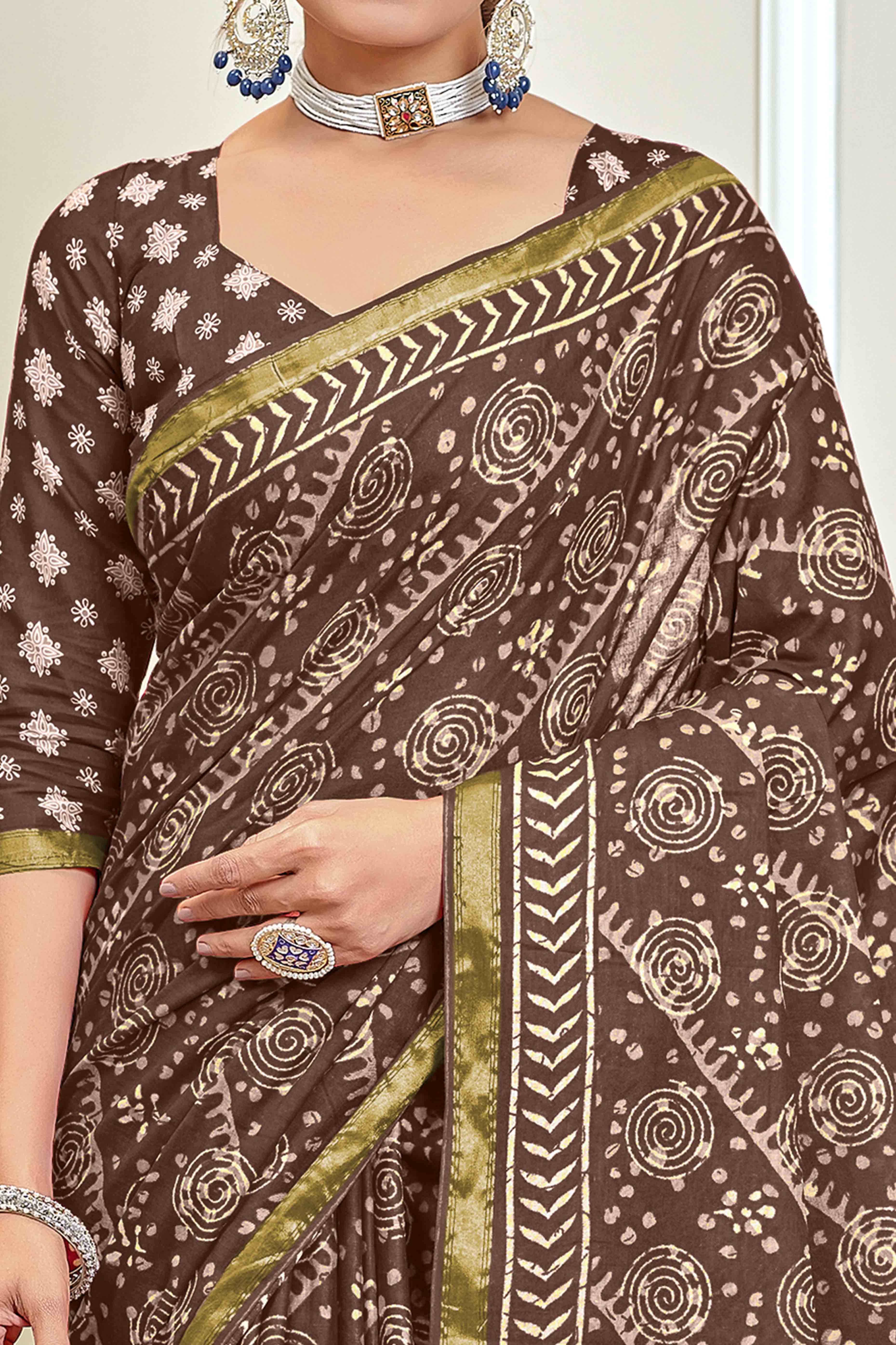 Coffee Brown Abstract Print Printed Pure Mulmul Cotton Saree