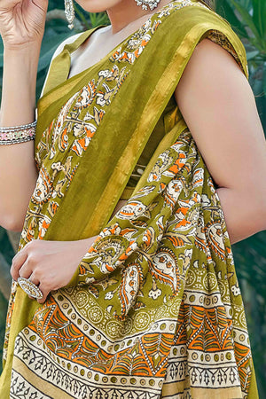 Mehendi Green Paisley Printed Pure Mulmul Cotton Saree