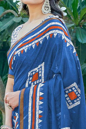 Blue Geometric Printed Pure Mulmul Cotton Saree