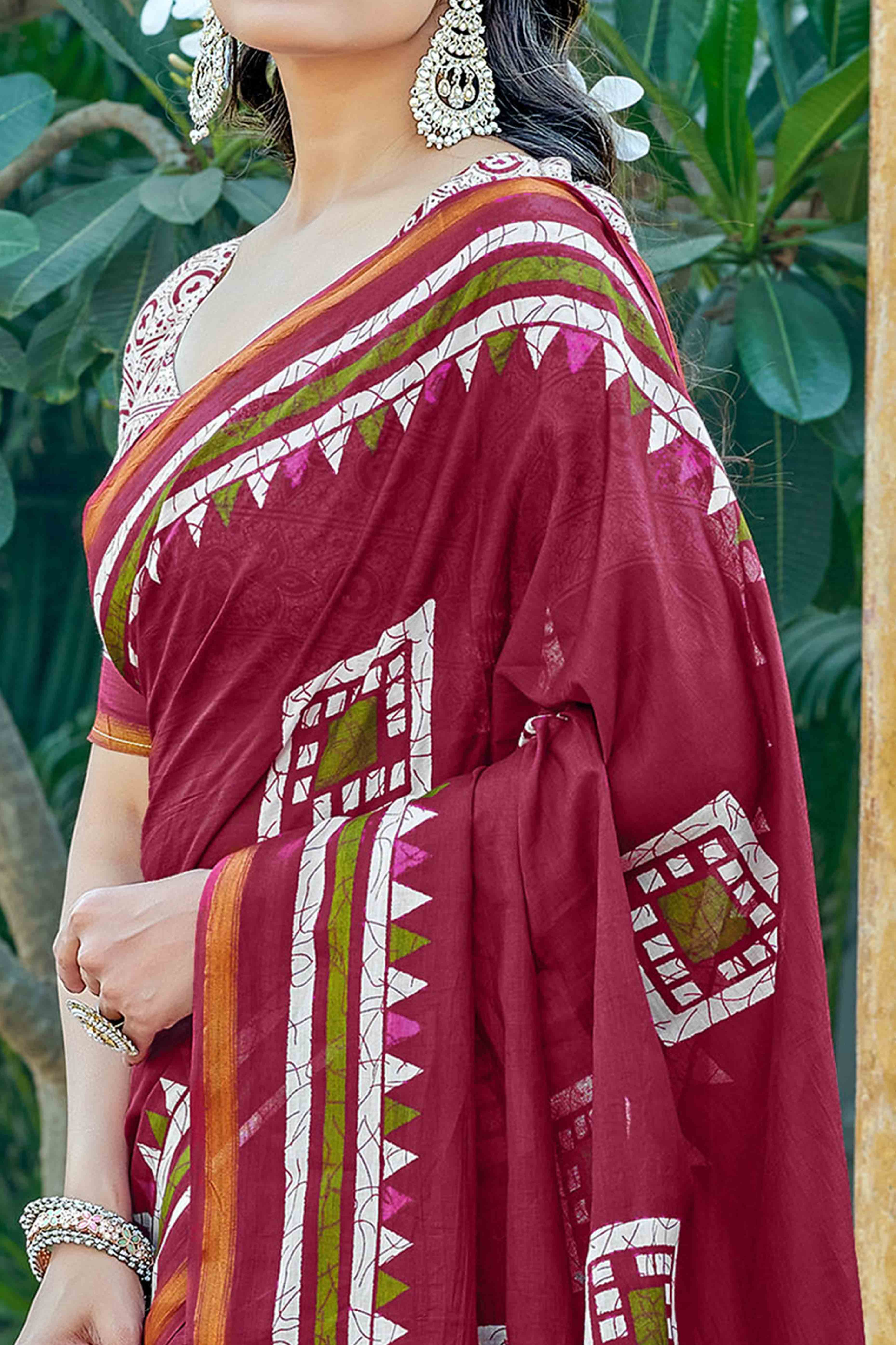 Maroon Geometric Printed Pure Mulmul Cotton Saree
