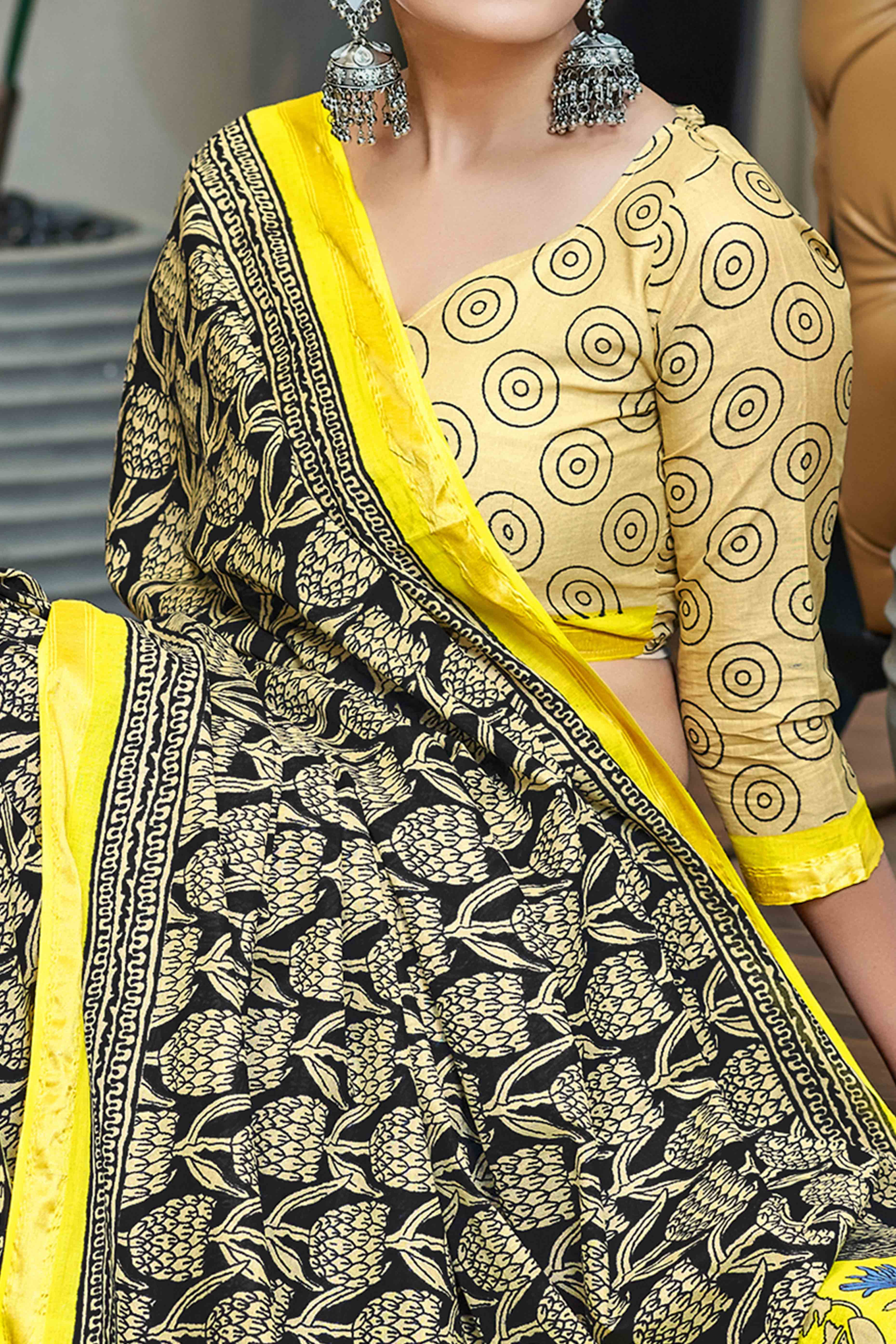 Black Floral Printed Pure Mulmul Cotton Saree