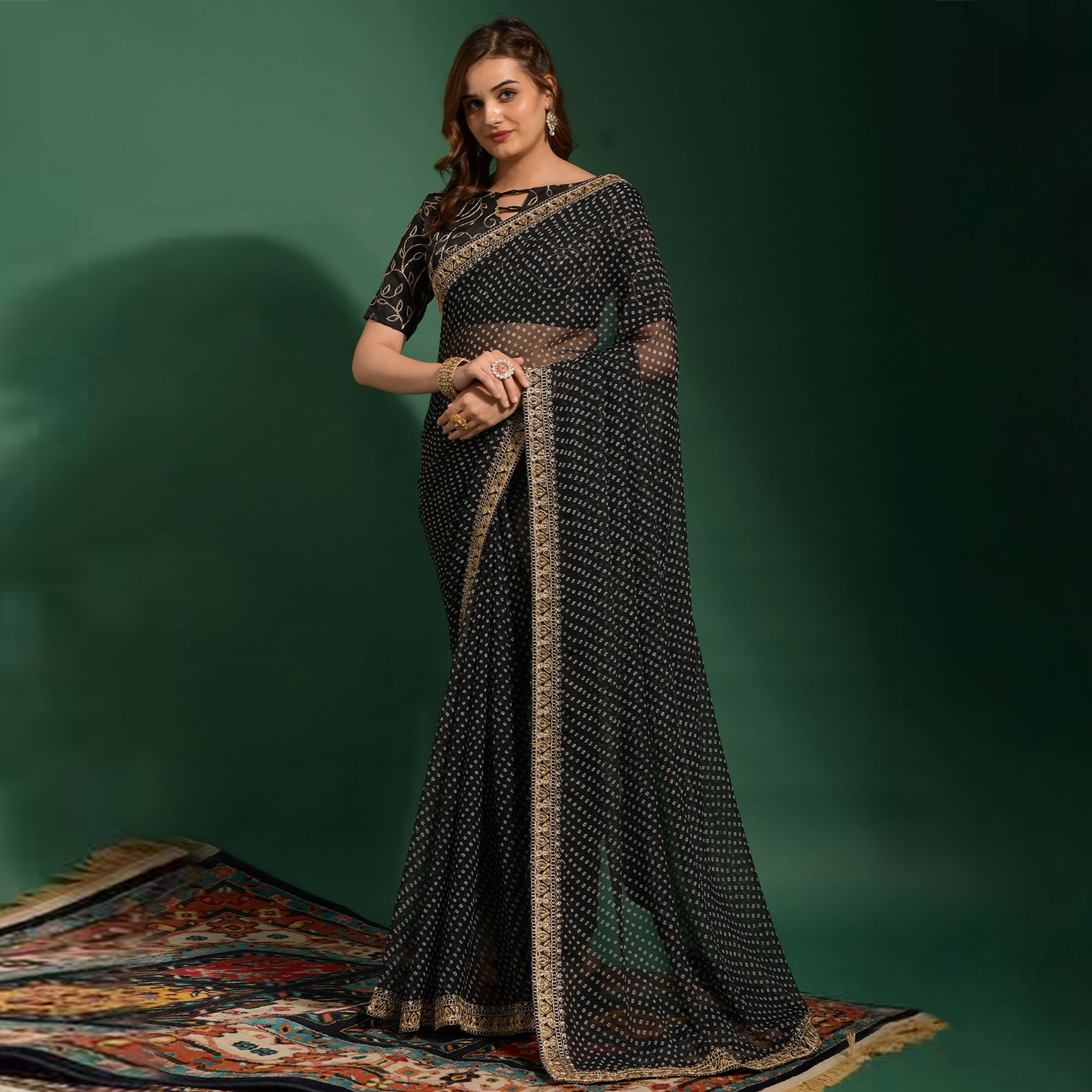 Black Bandhani Printed Georgette Saree With Embroidered Border