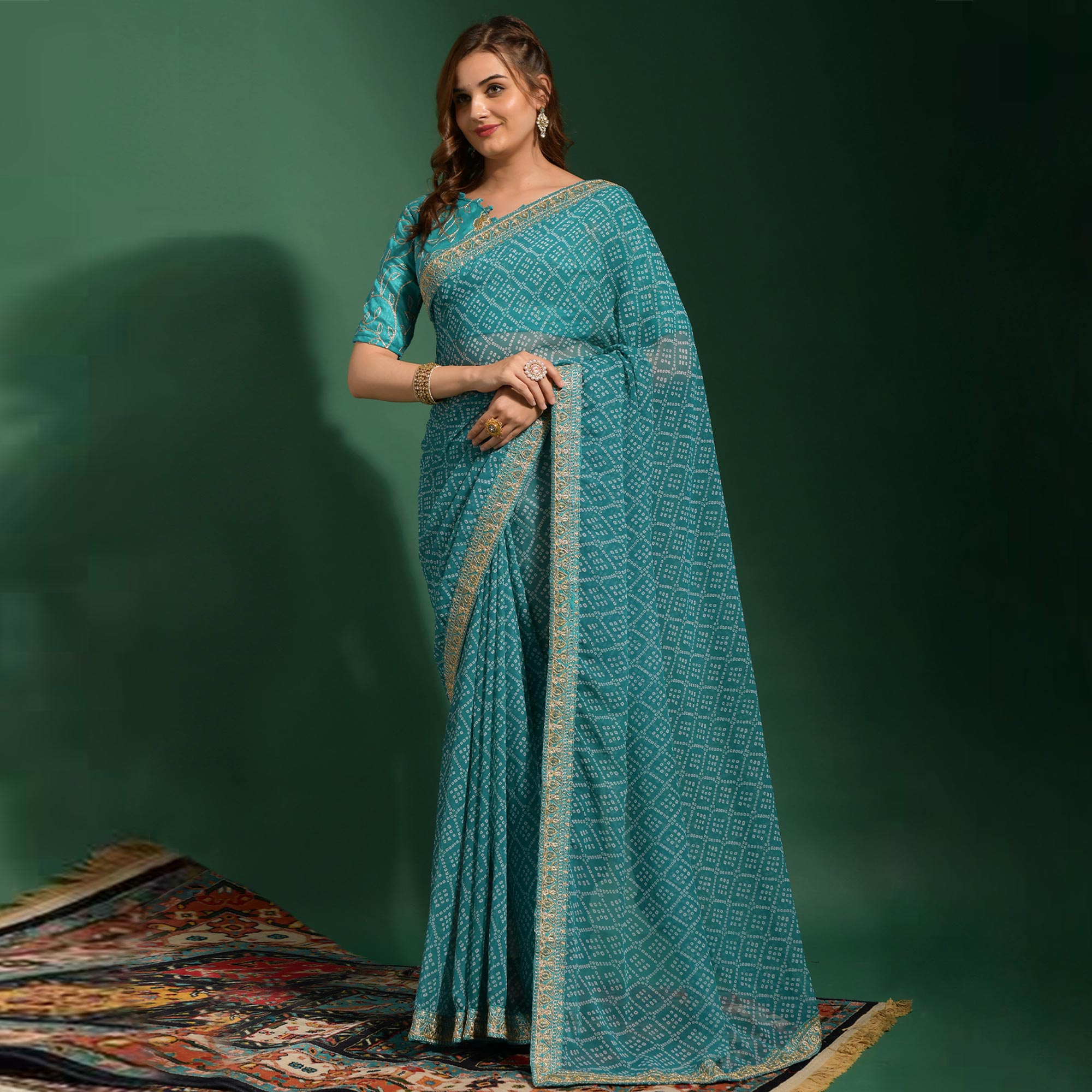 Rama Green Bandhani Printed Georgette Saree With Embroidered Border