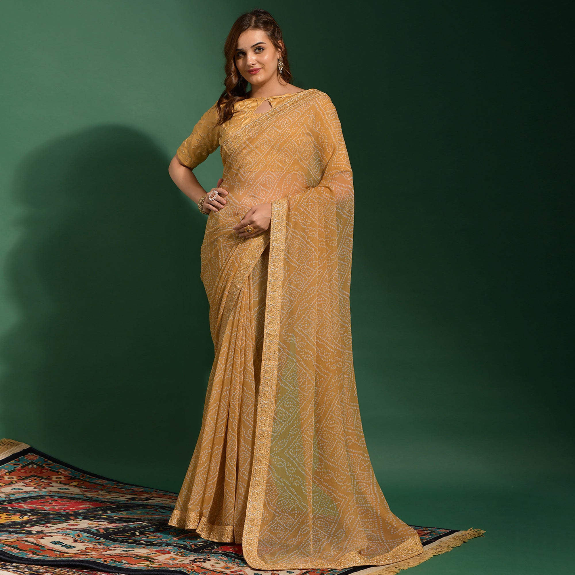 Beige Bandhani Printed Georgette Saree With Embroidered Border