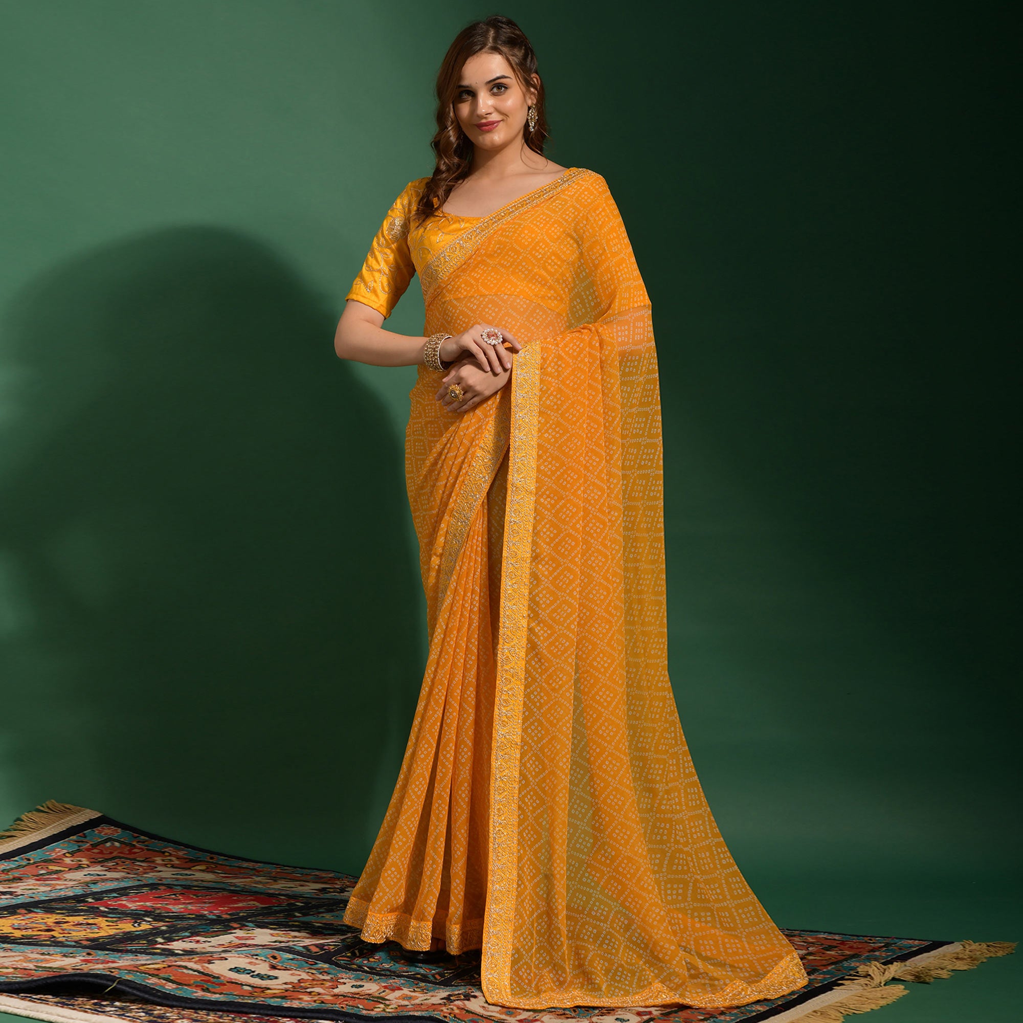 Yellow Bandhani Printed Georgette Saree With Embroidered Border