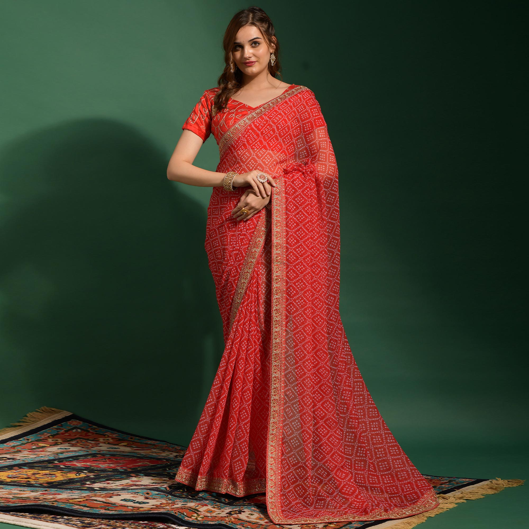 Red Bandhani Printed Georgette Saree With Embroidered Border