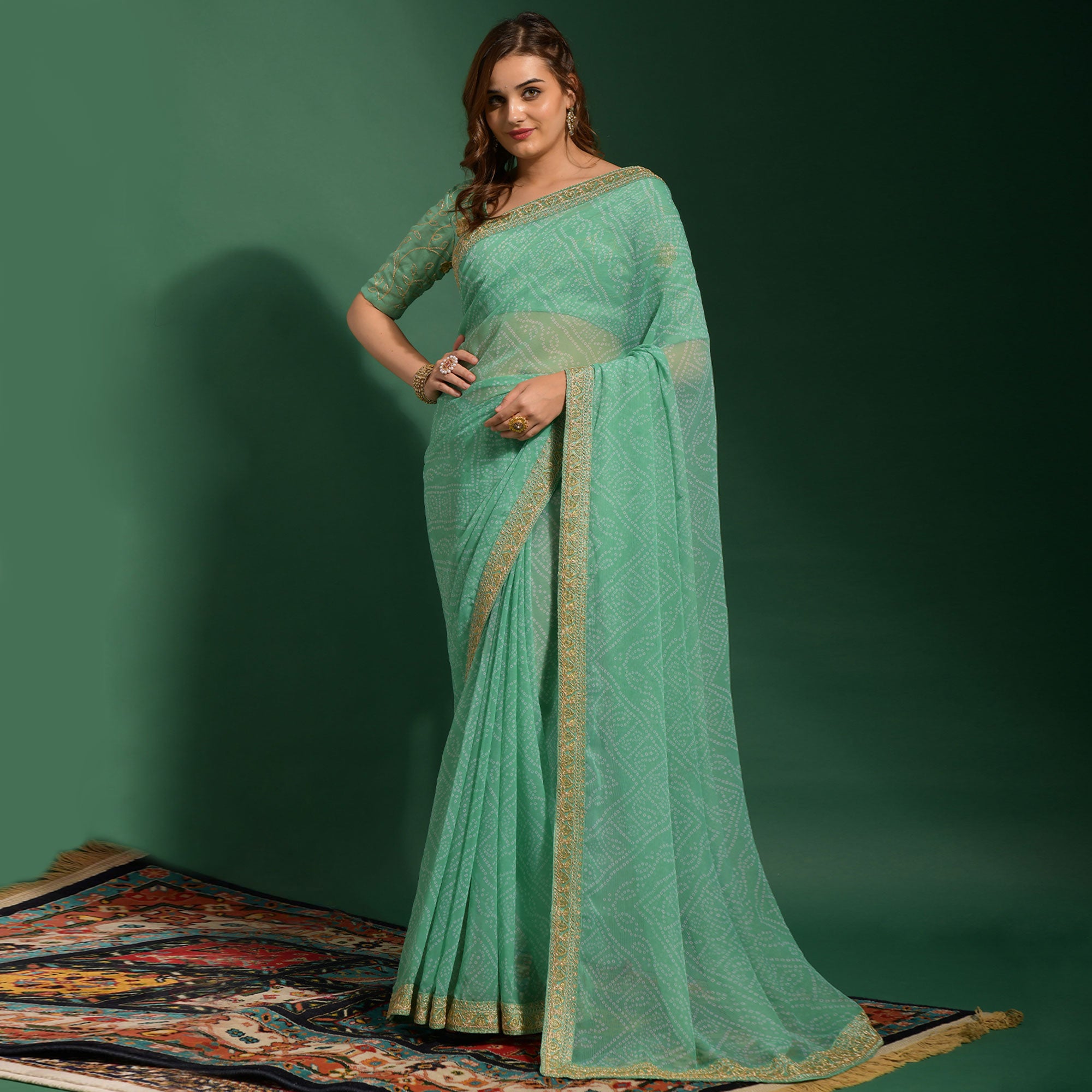 Sea Green Bandhani Printed Georgette Saree With Embroidered Border