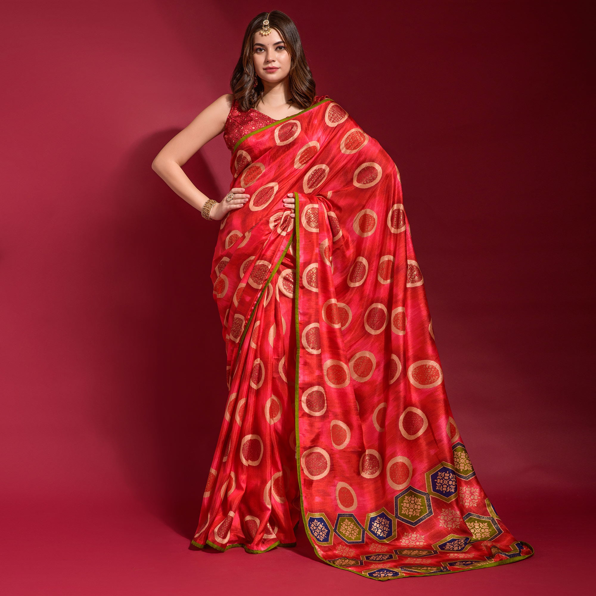 Red Foil Printed Art Silk Saree