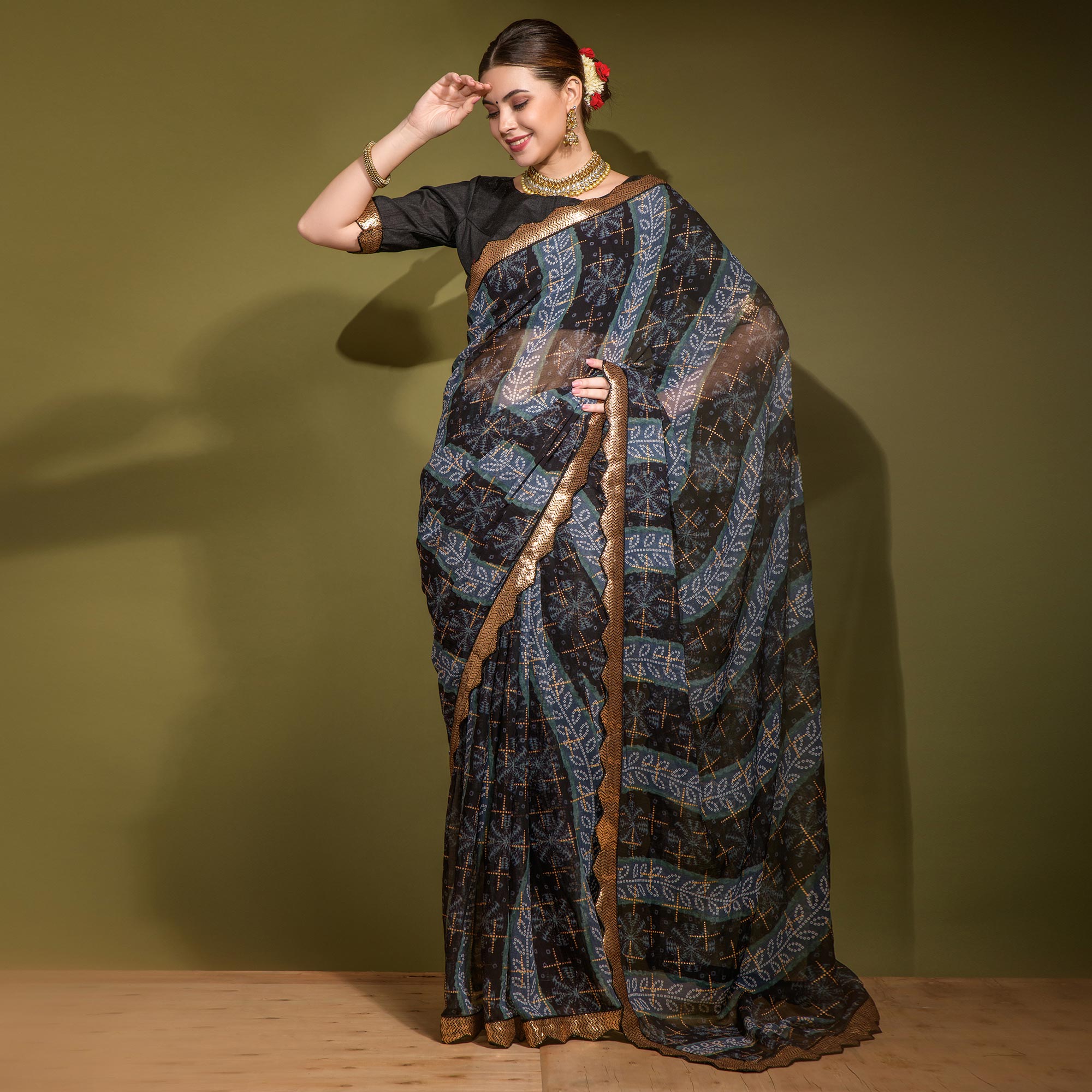 Black Bandhani Foil Printed Georgette Saree With Embroidered Border
