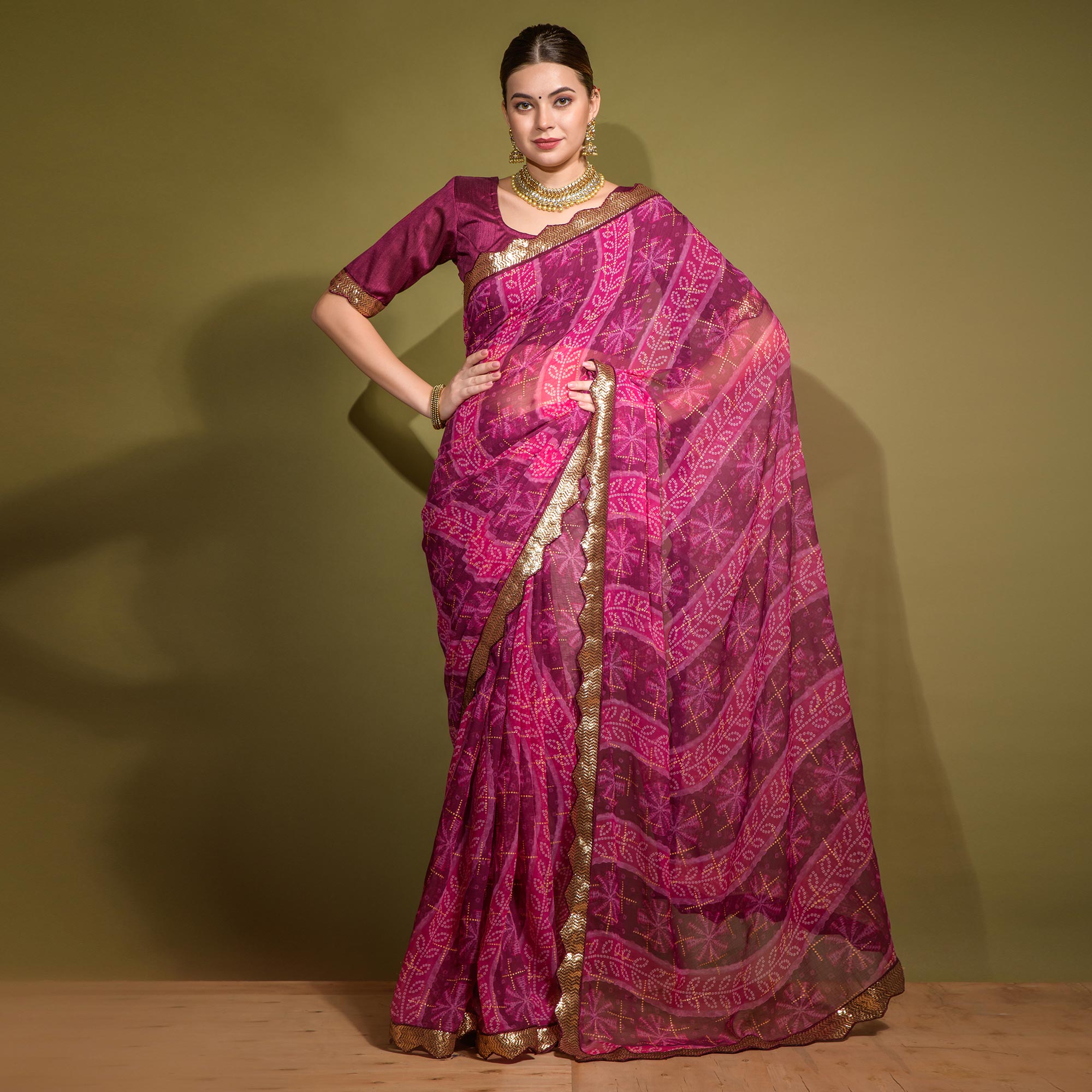 Pink Bandhani Foil Printed Georgette Saree With Embroidered Border