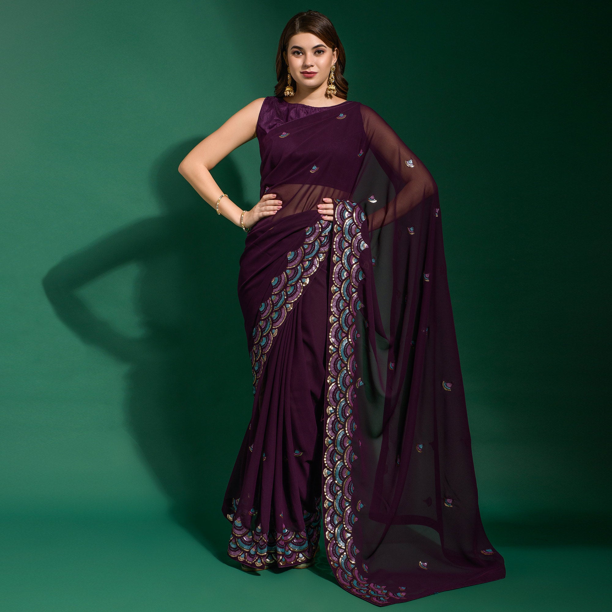 Wine Sequins Embroidered Georgette Saree