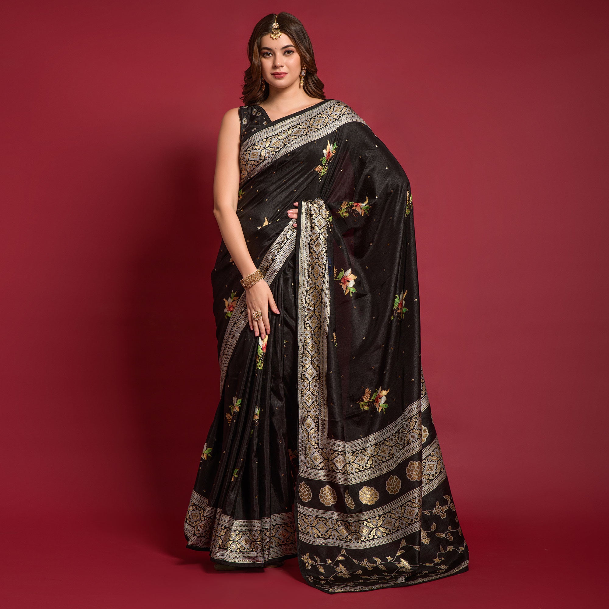Black Floral Foil Printed Art Silk Saree