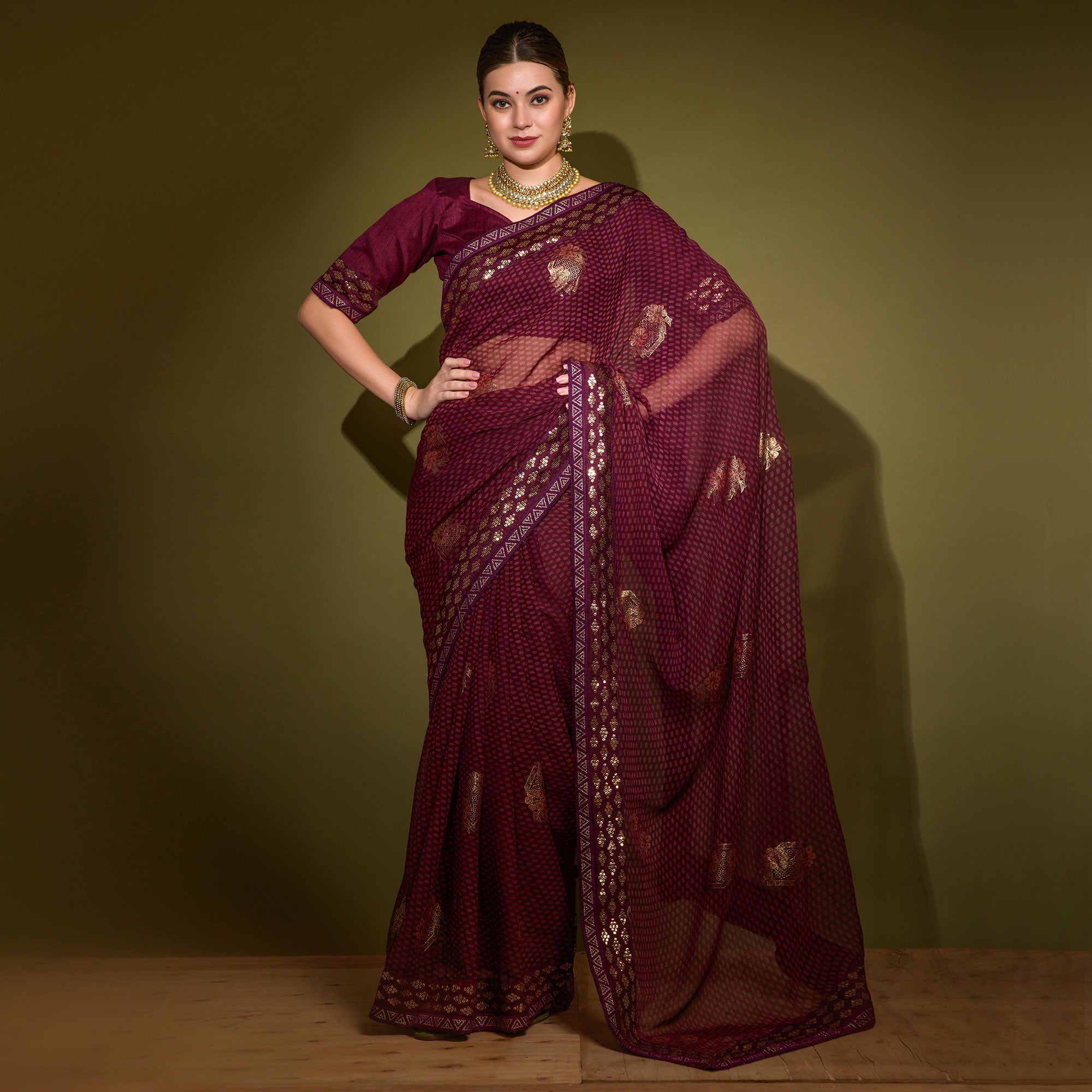 Wine Foil Printed Georgette Saree