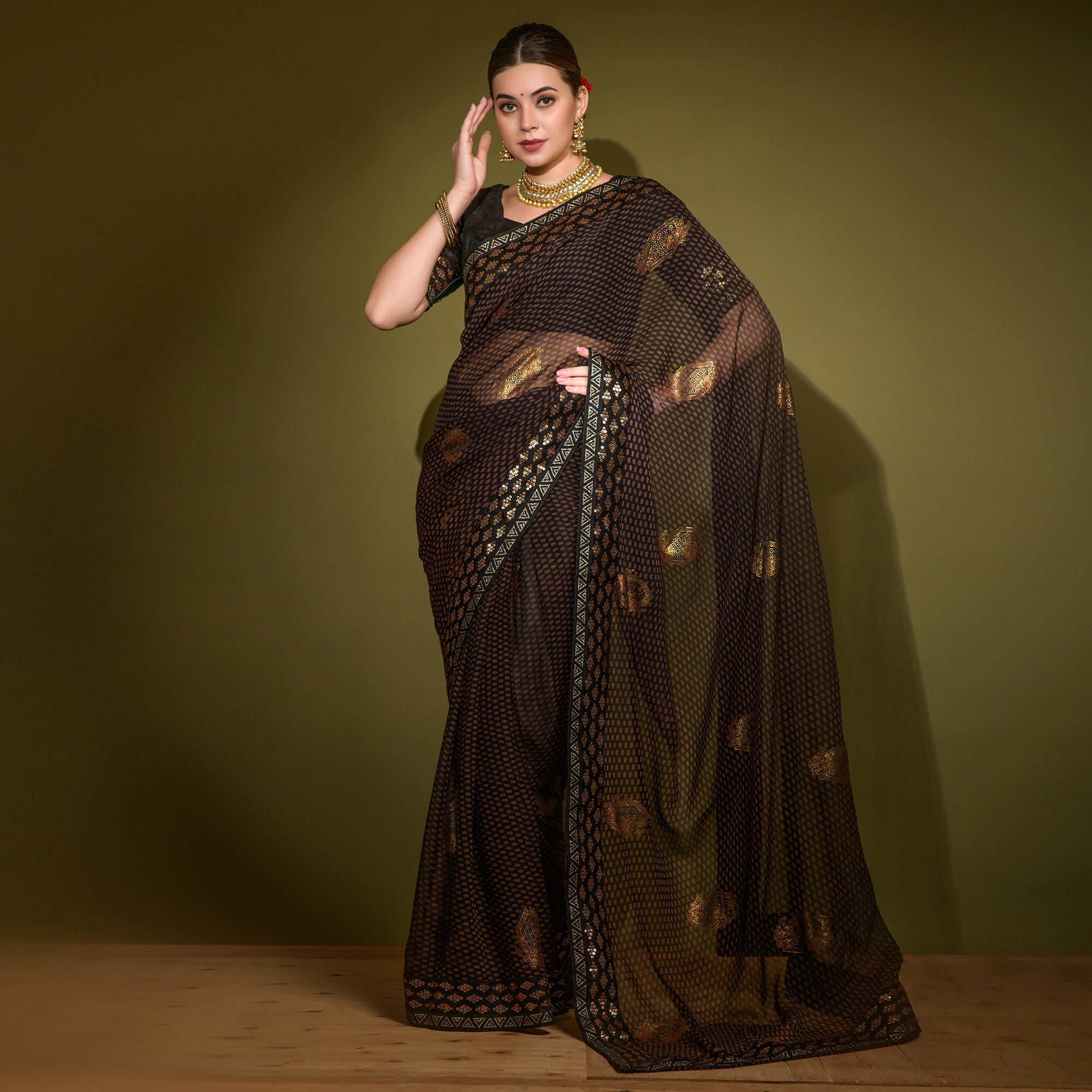 Black Foil Printed Georgette Saree