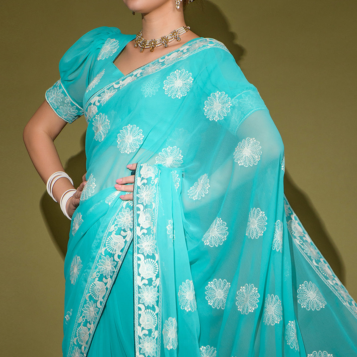 Sky Blue Floral Embroidered Georgette Saree