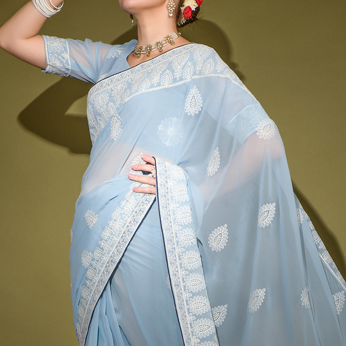 Grey Floral Embroidered Georgette Saree