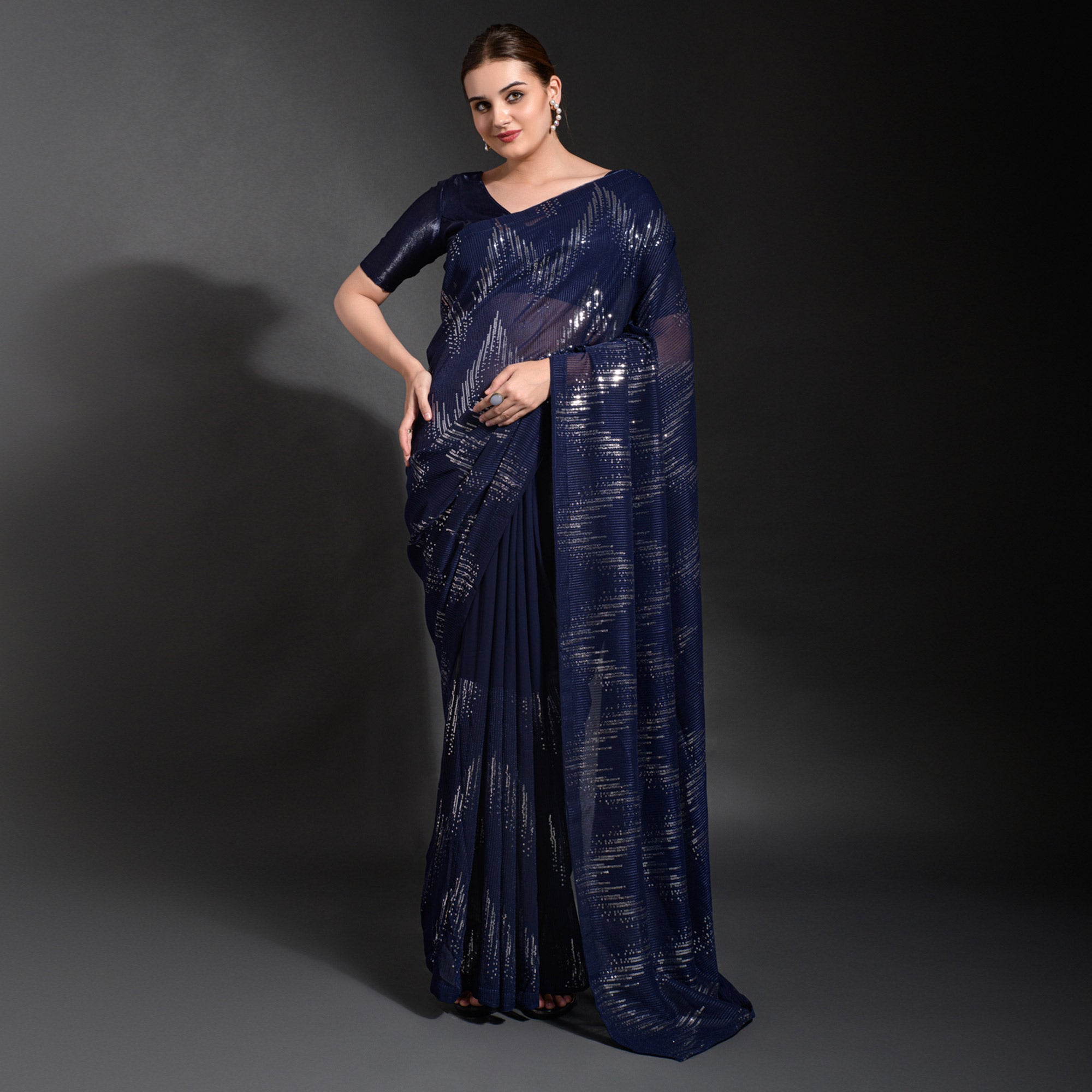 Navy Blue Sequins Embroidered Georgette Saree