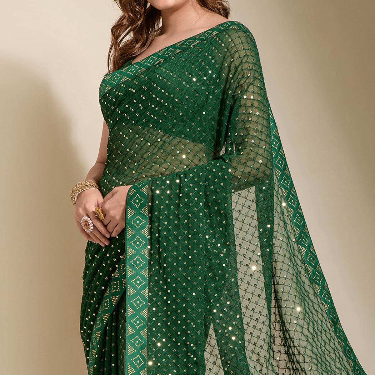 Green Sequins Embroidered Georgette Saree