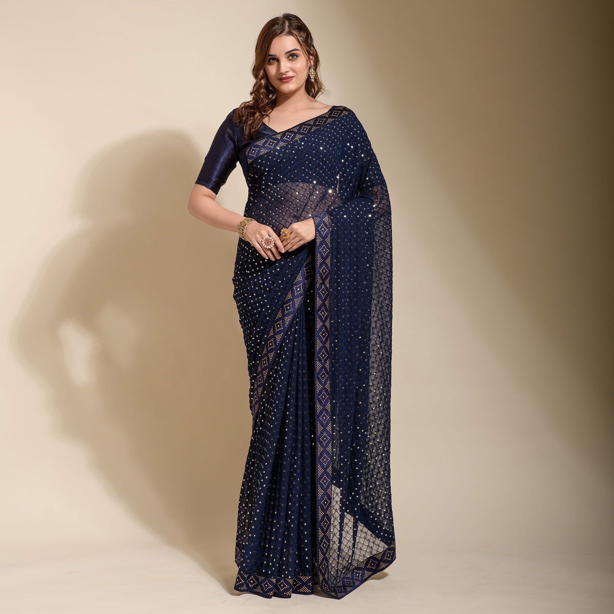 Navy Blue Sequins Embroidered Georgette Saree