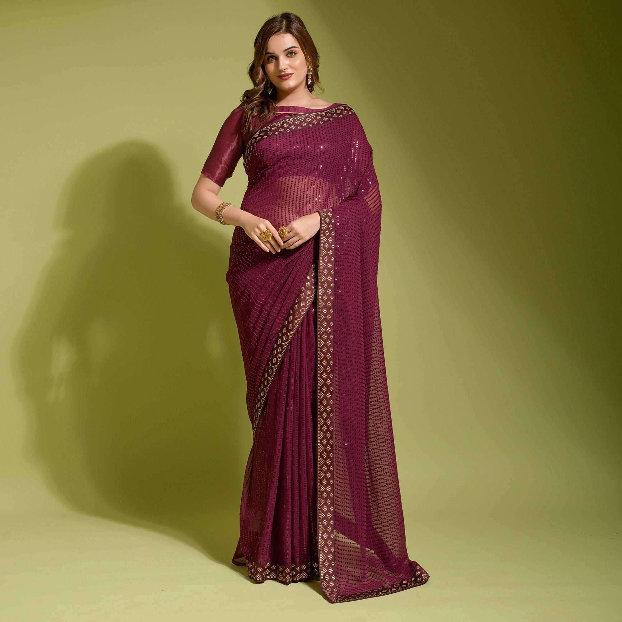 Wine Sequins Embroidered Georgette Saree