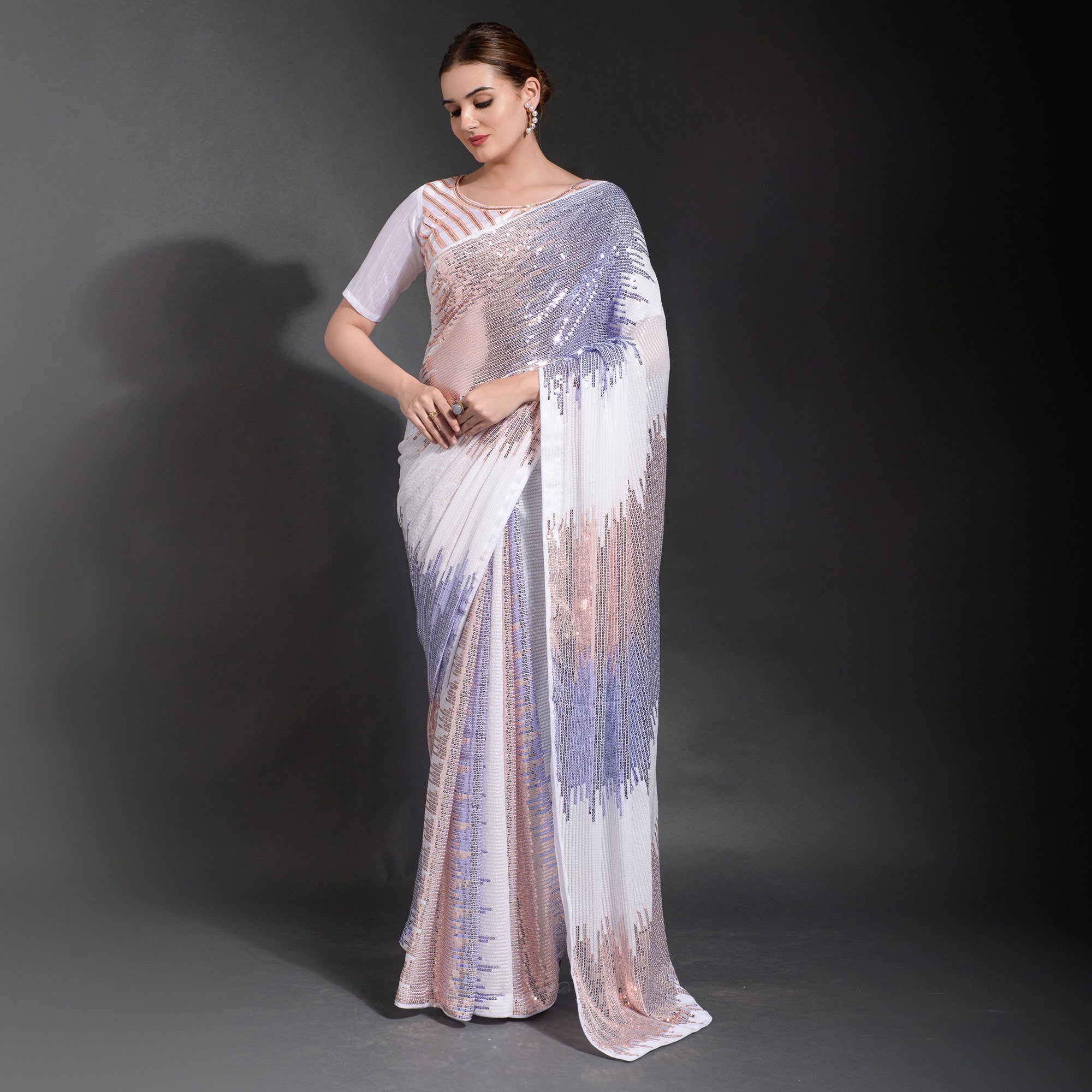 White & Purple Sequins Embroidered Georgette Saree