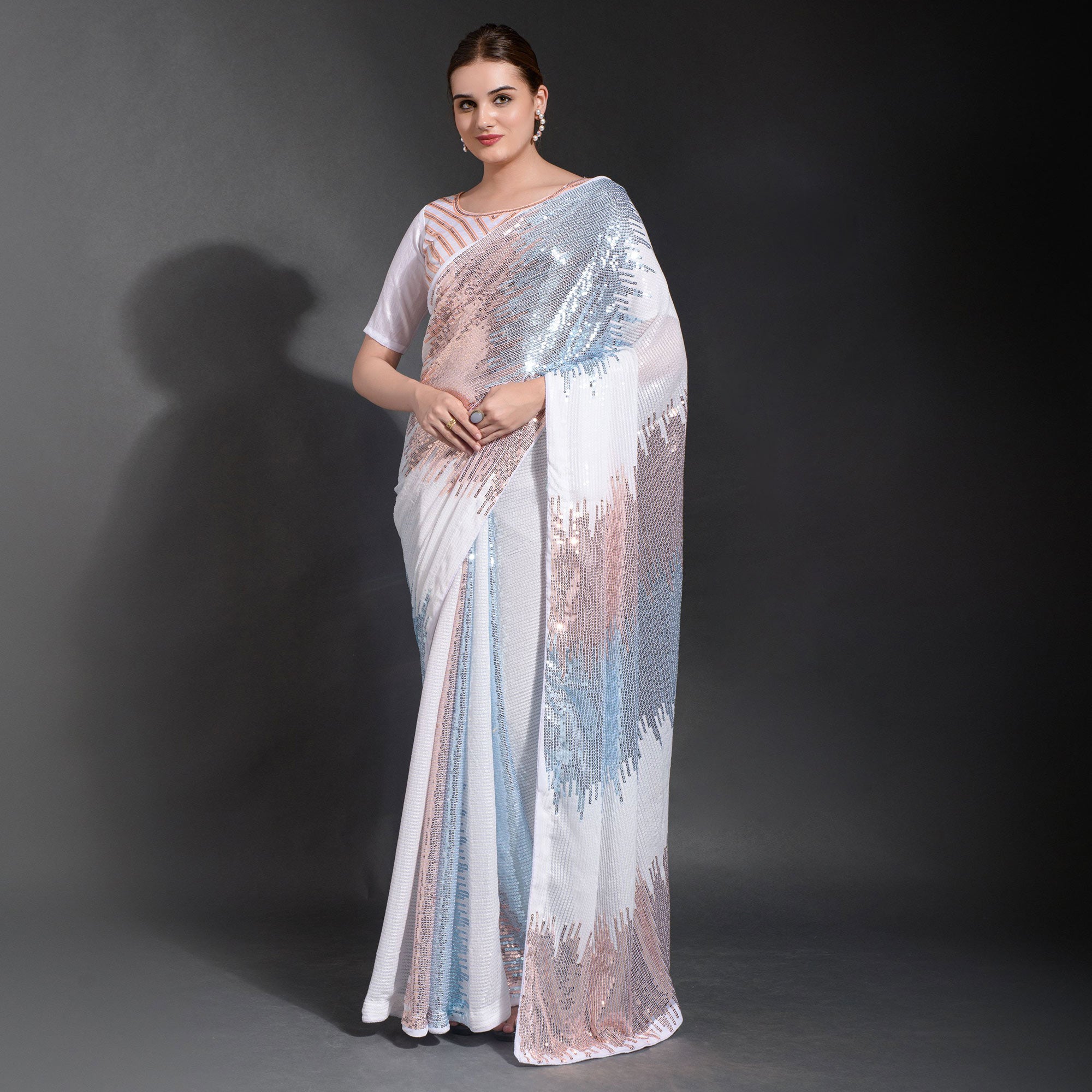 White & Sky Blue Sequins Embroidered Georgette Saree