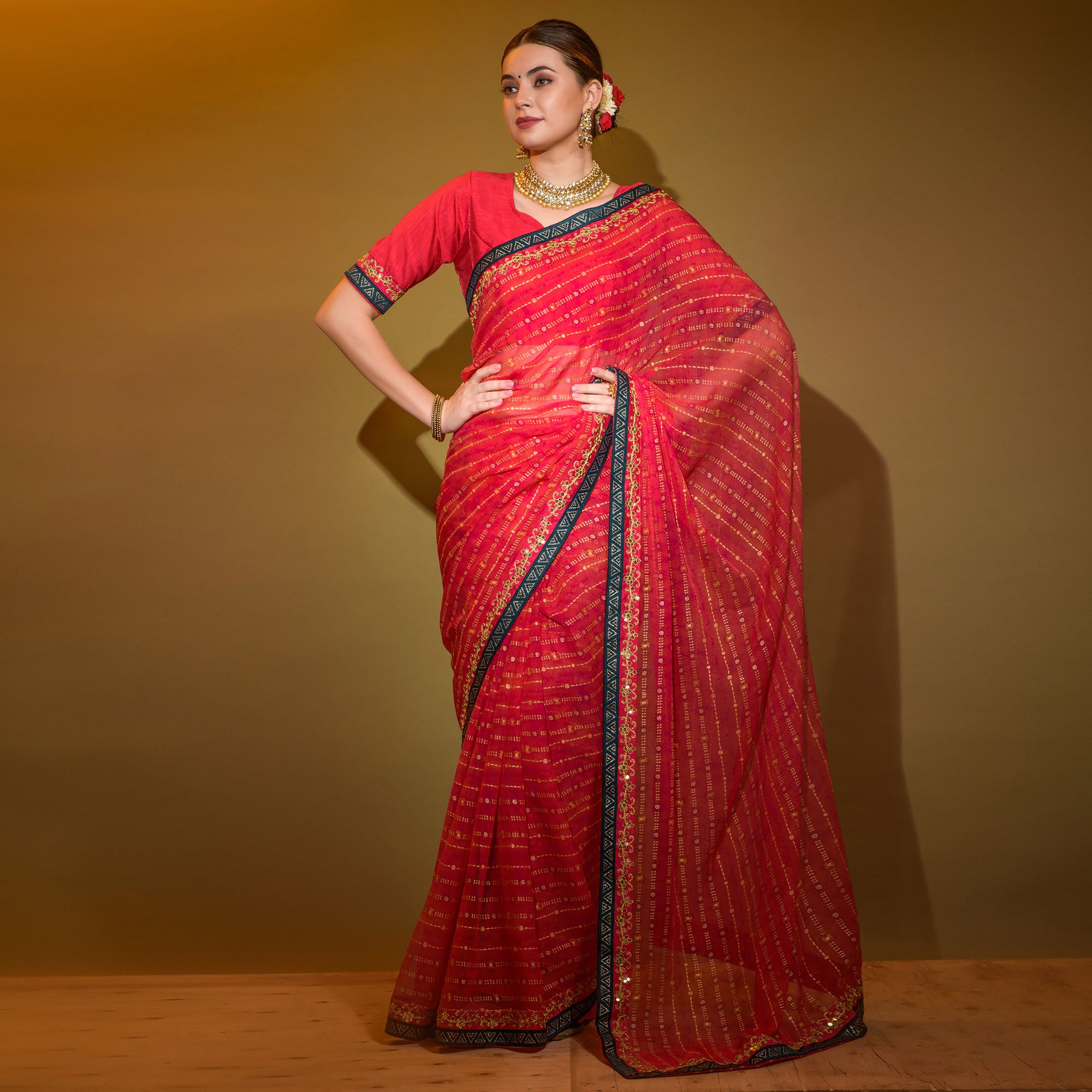 Red Foil Printed Georgette Saree With Embroidered Border