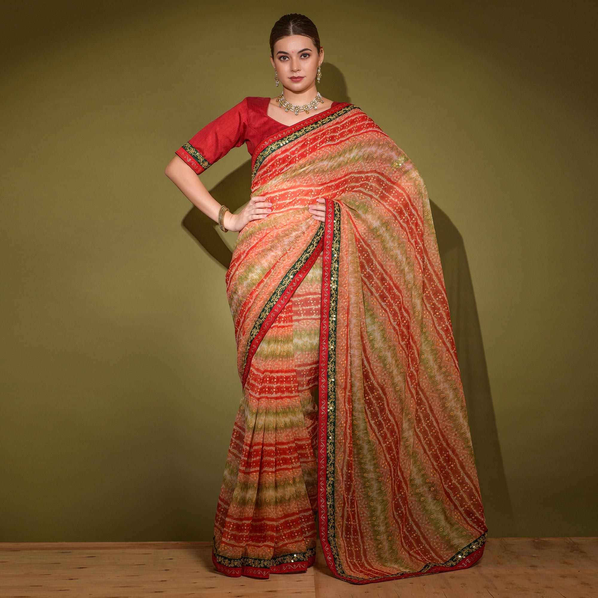 Red Leheriya Printed Georgette Saree With Embroidered Border