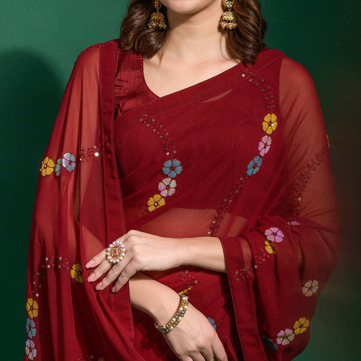 Maroon Sequins Embroidered Georgette Saree