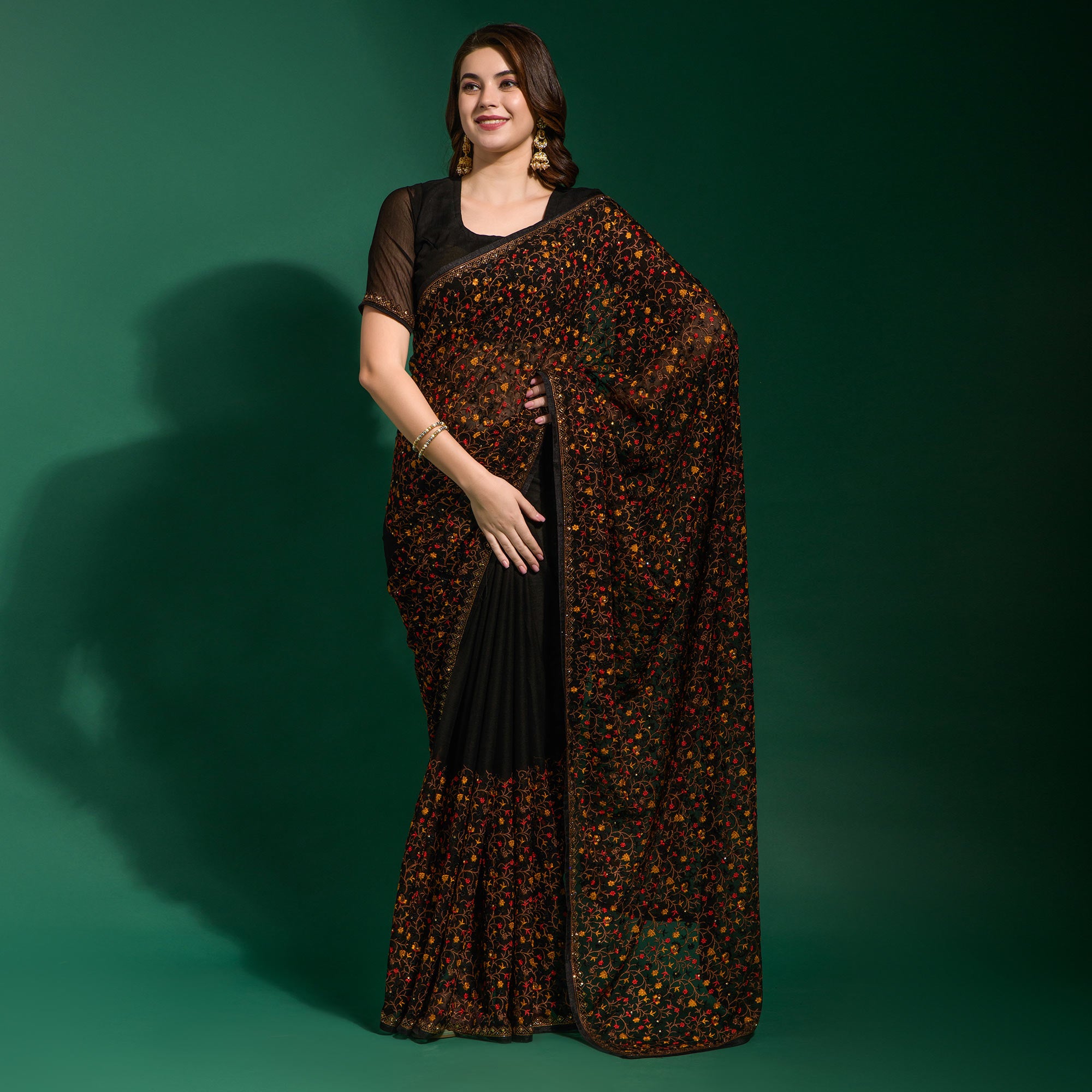 Black Floral Embroidered Georgette Saree