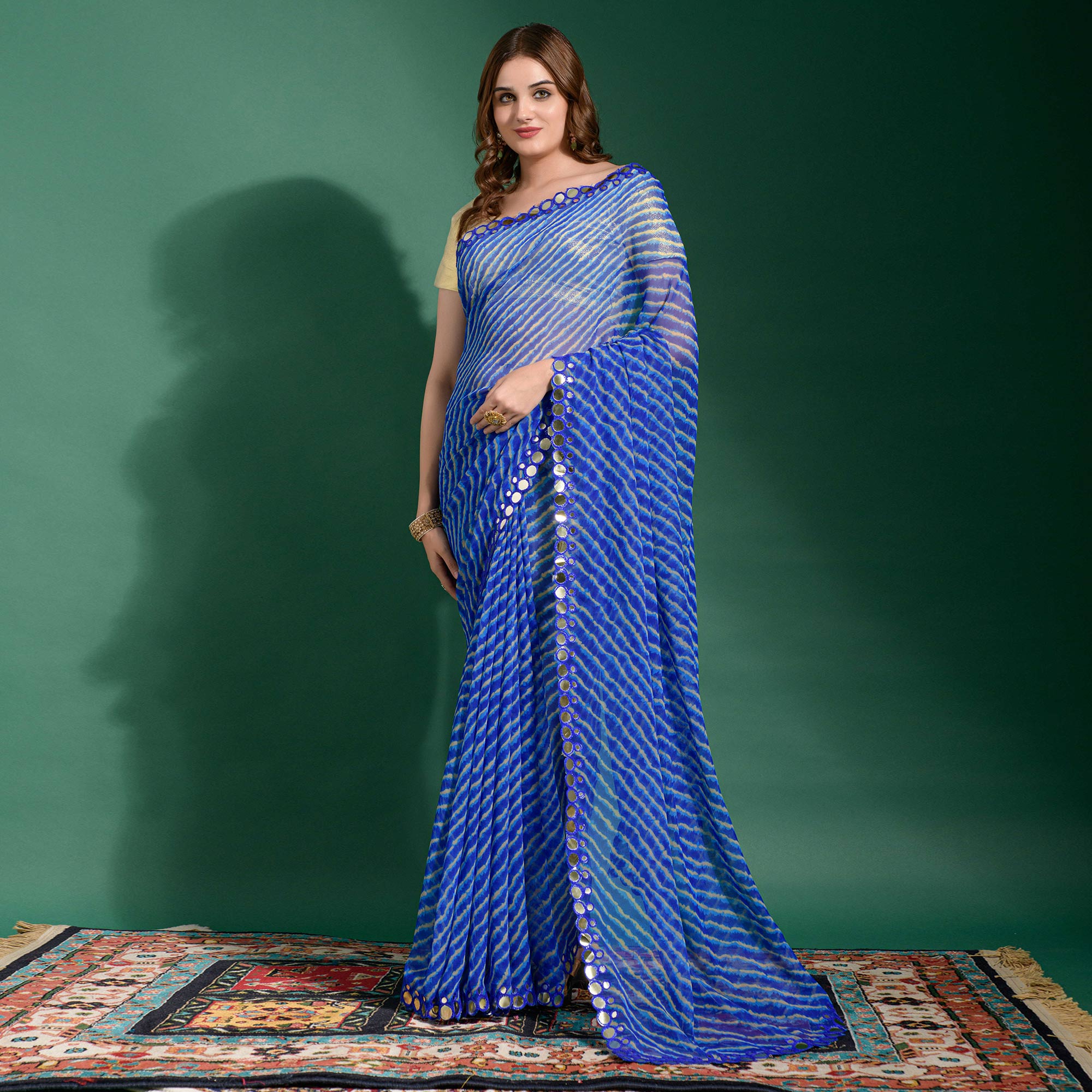 Blue Leheriya Printed With Embroidered Border Chiffon Saree