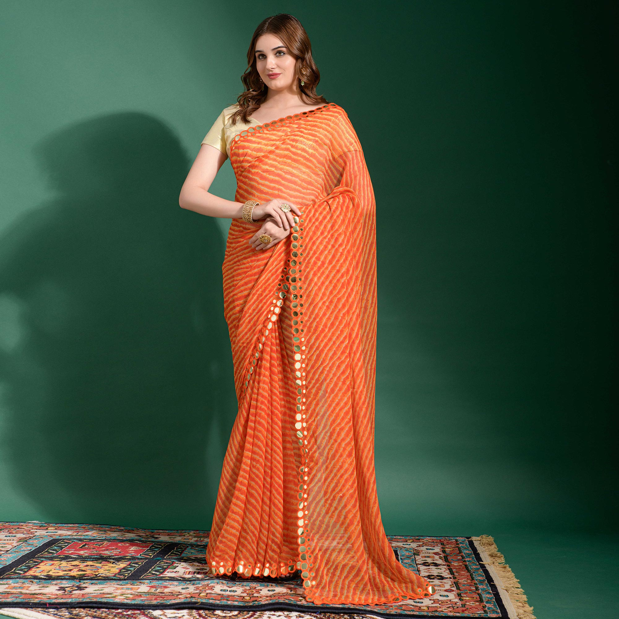 Orange Leheriya Printed With Embroidered Border Chiffon Saree