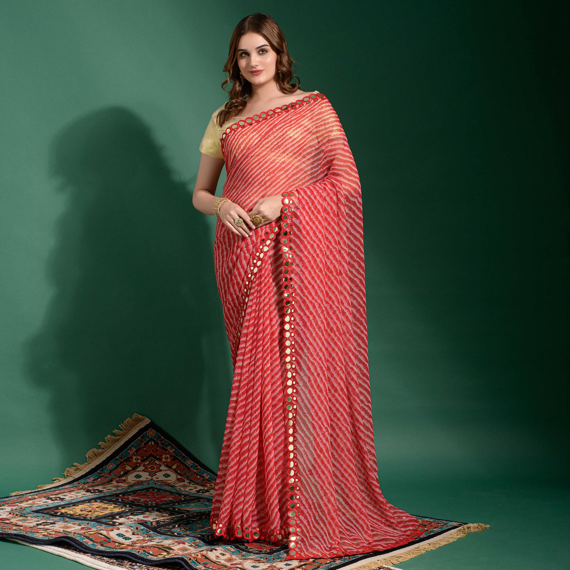 Red Leheriya Printed With Embroidered Border Chiffon Saree