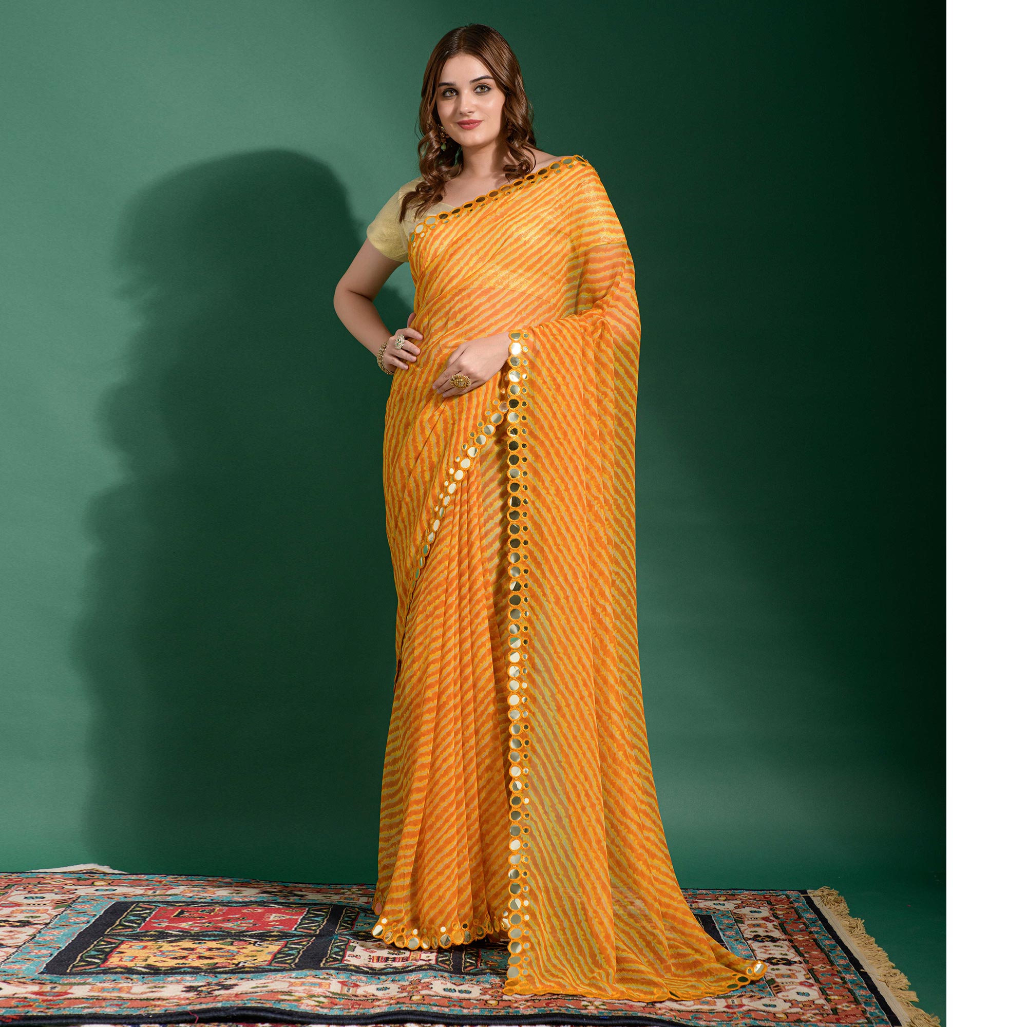 Yellow Leheriya Printed With Embroidered Border Chiffon Saree