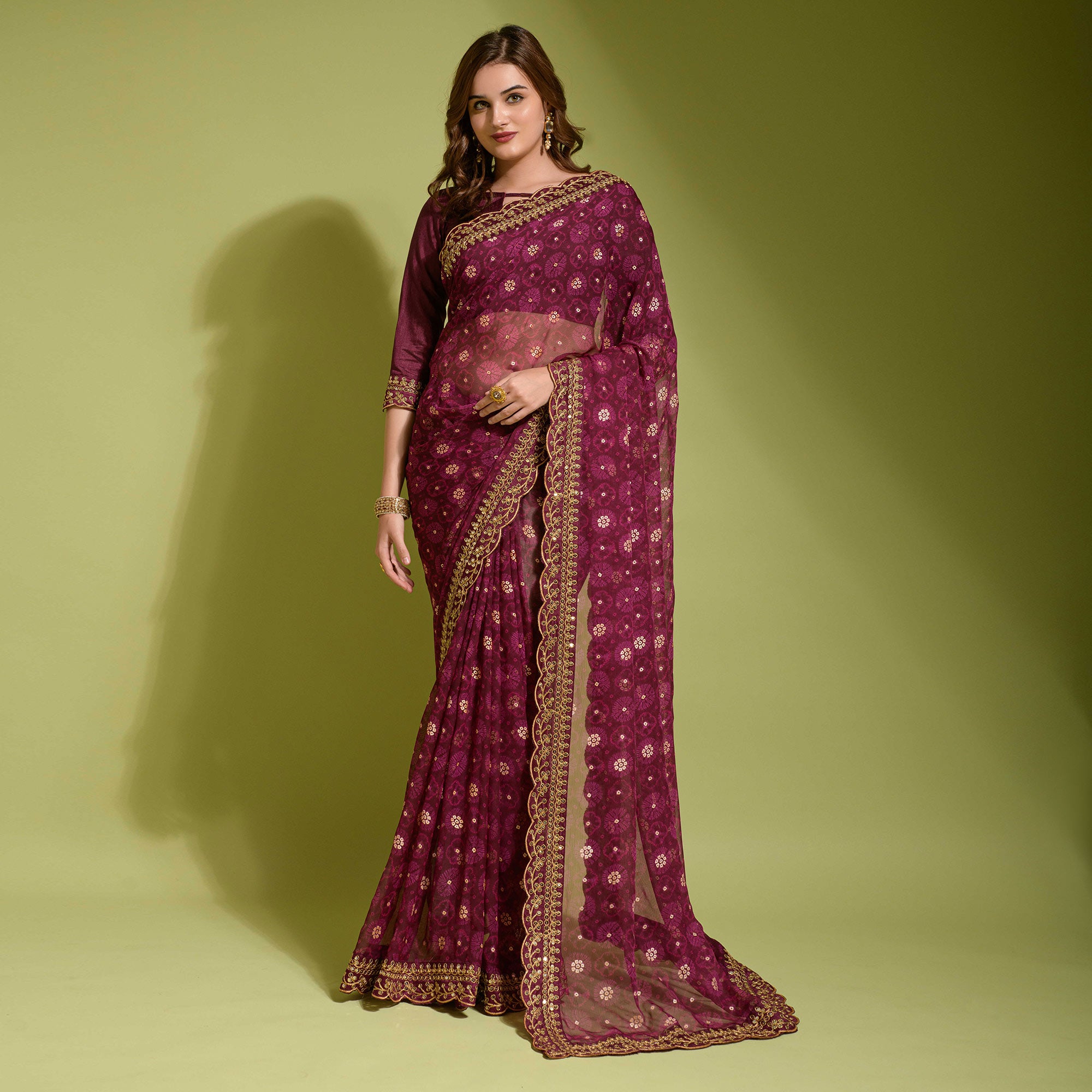 Wine Bandhani Foil Printed Georgette Saree With Embroidered Border