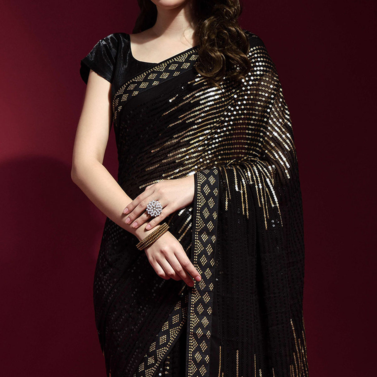 Black & Golden Sequins Embroidered Georgette Saree