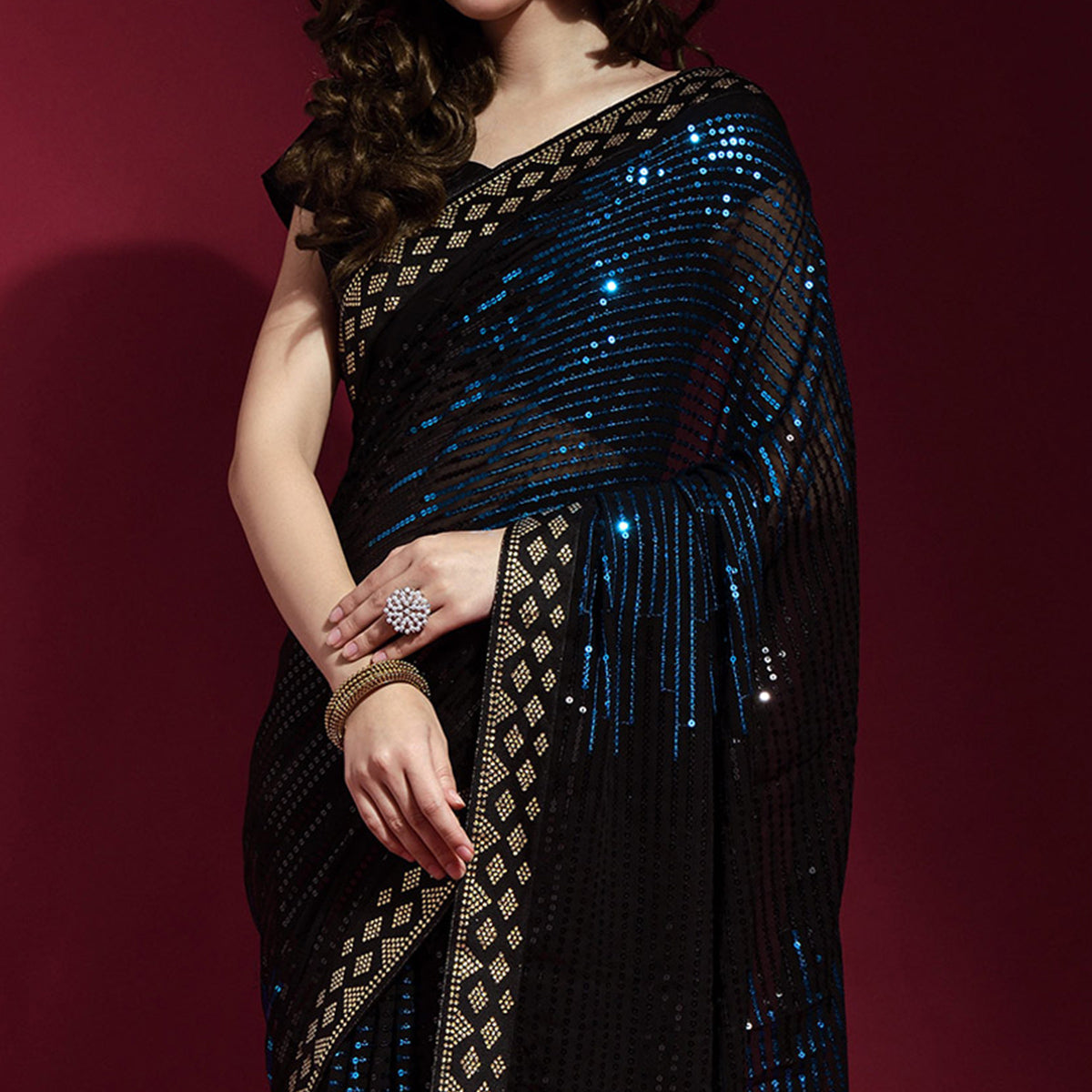 Black & Blue Sequins Embroidered Georgette Saree