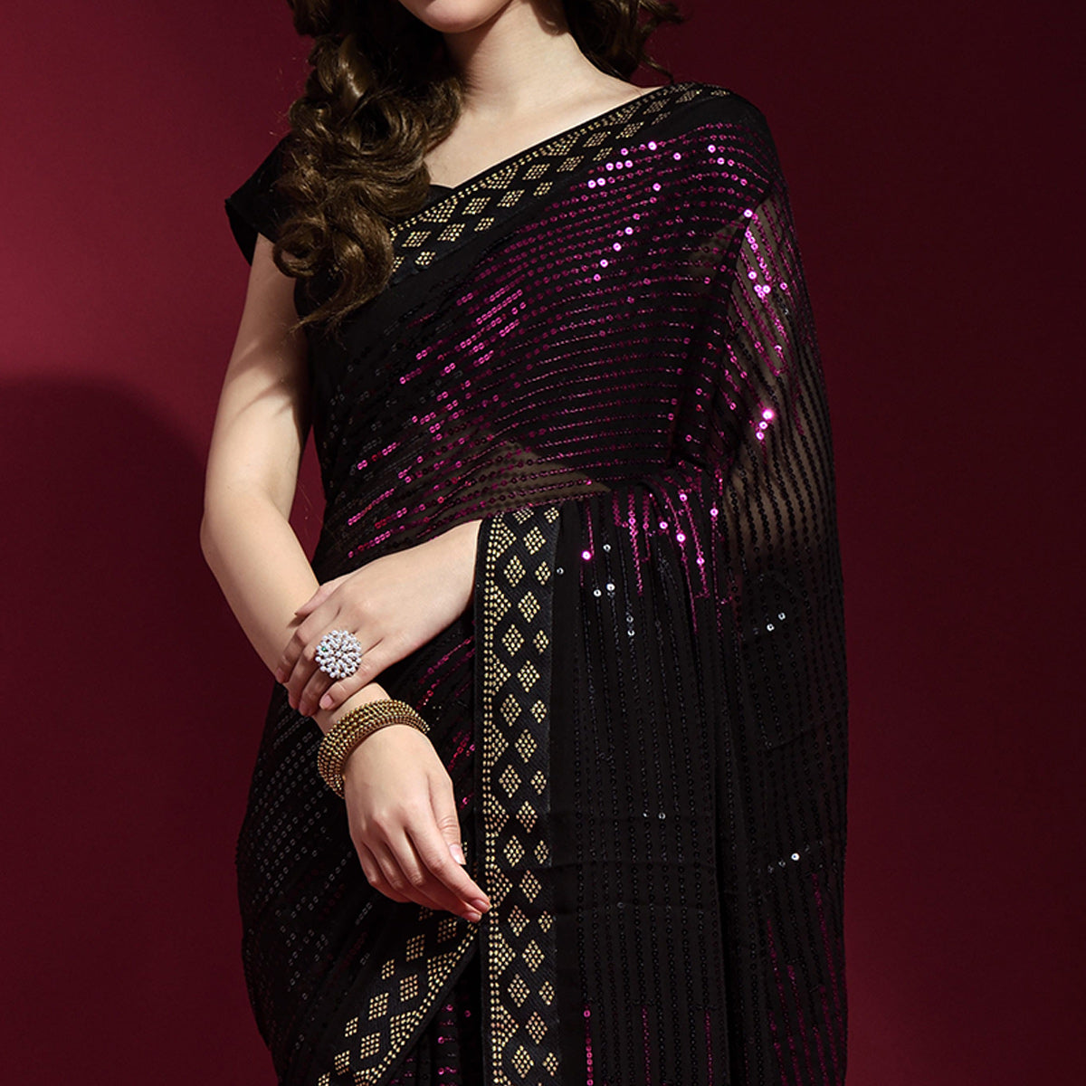 Black & Wine Sequins Embroidered Georgette Saree