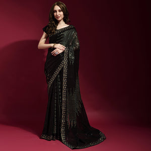 Black & Green Sequins Embroidered Georgette Saree