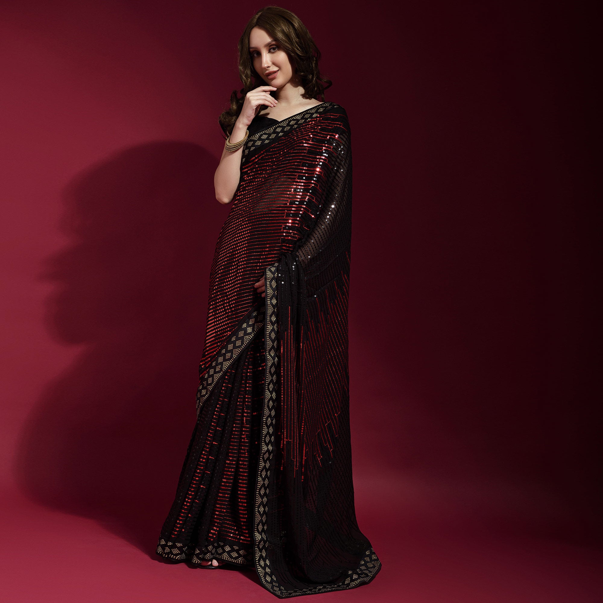 Black & Red Sequins Embroidered Georgette Saree