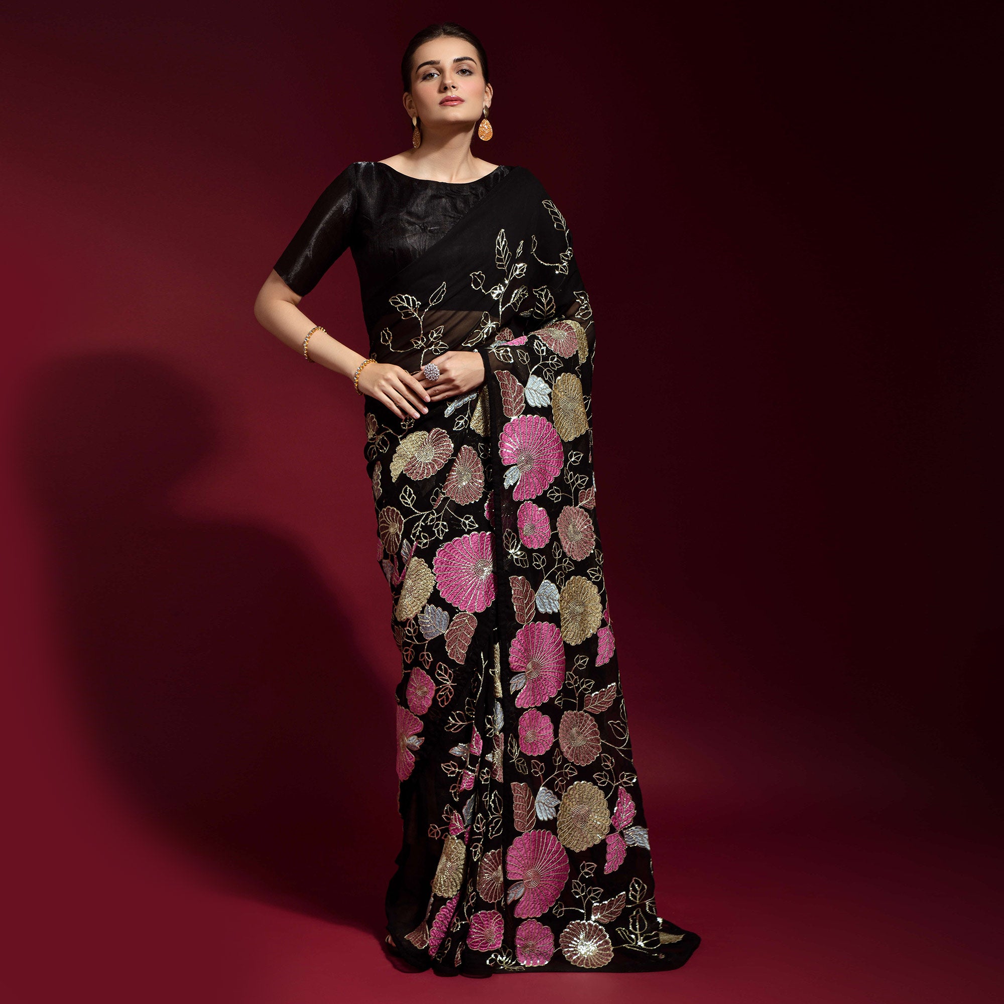 Black Floral Sequins Embroidered Georgette Saree