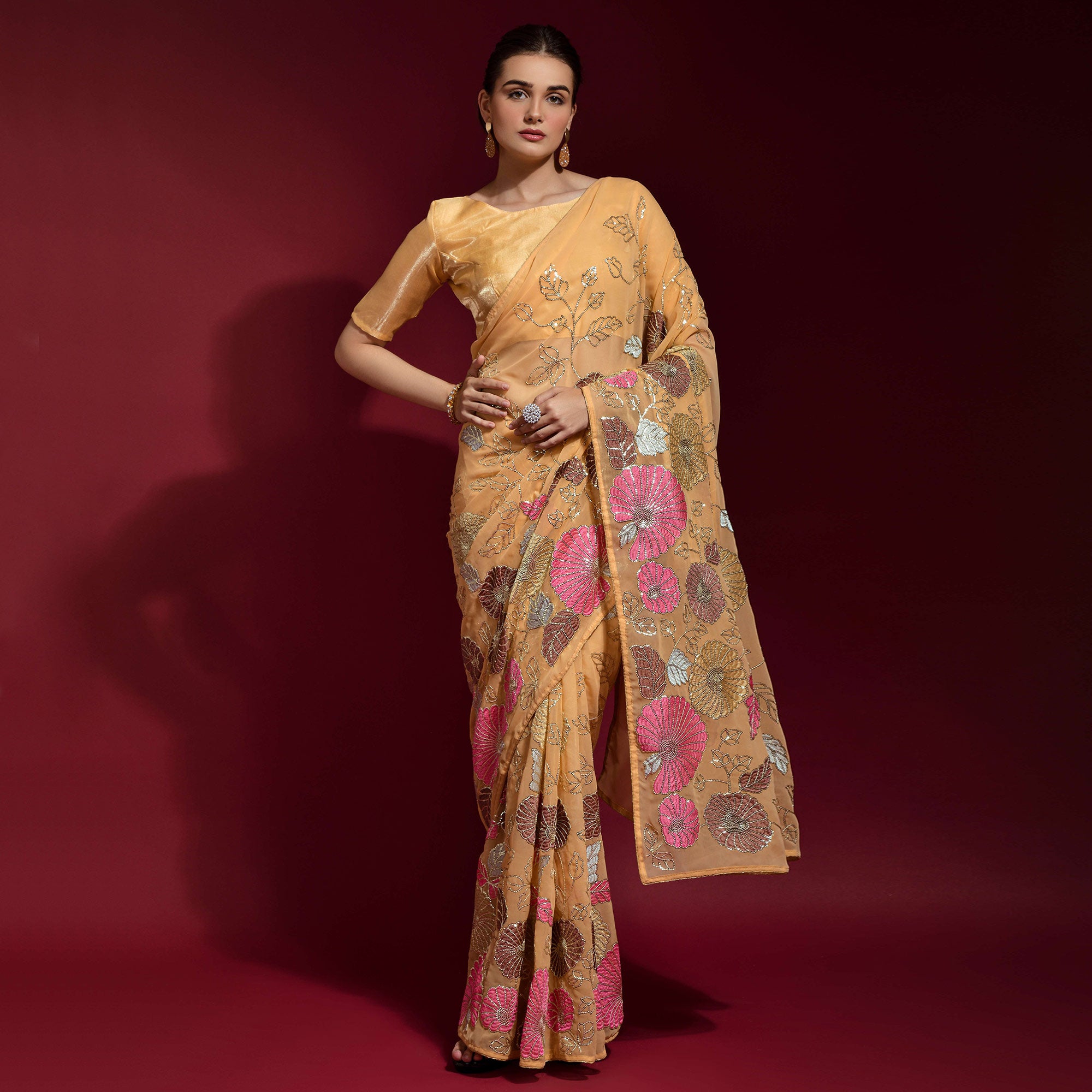 Orange Floral Sequins Embroidered Georgette Saree